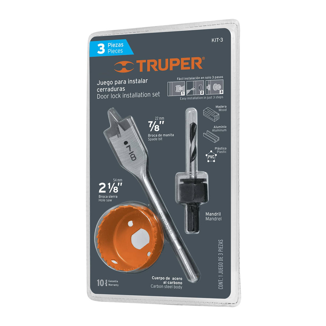 Kit de 3 brocasierras para madera para cerraduras, blíster