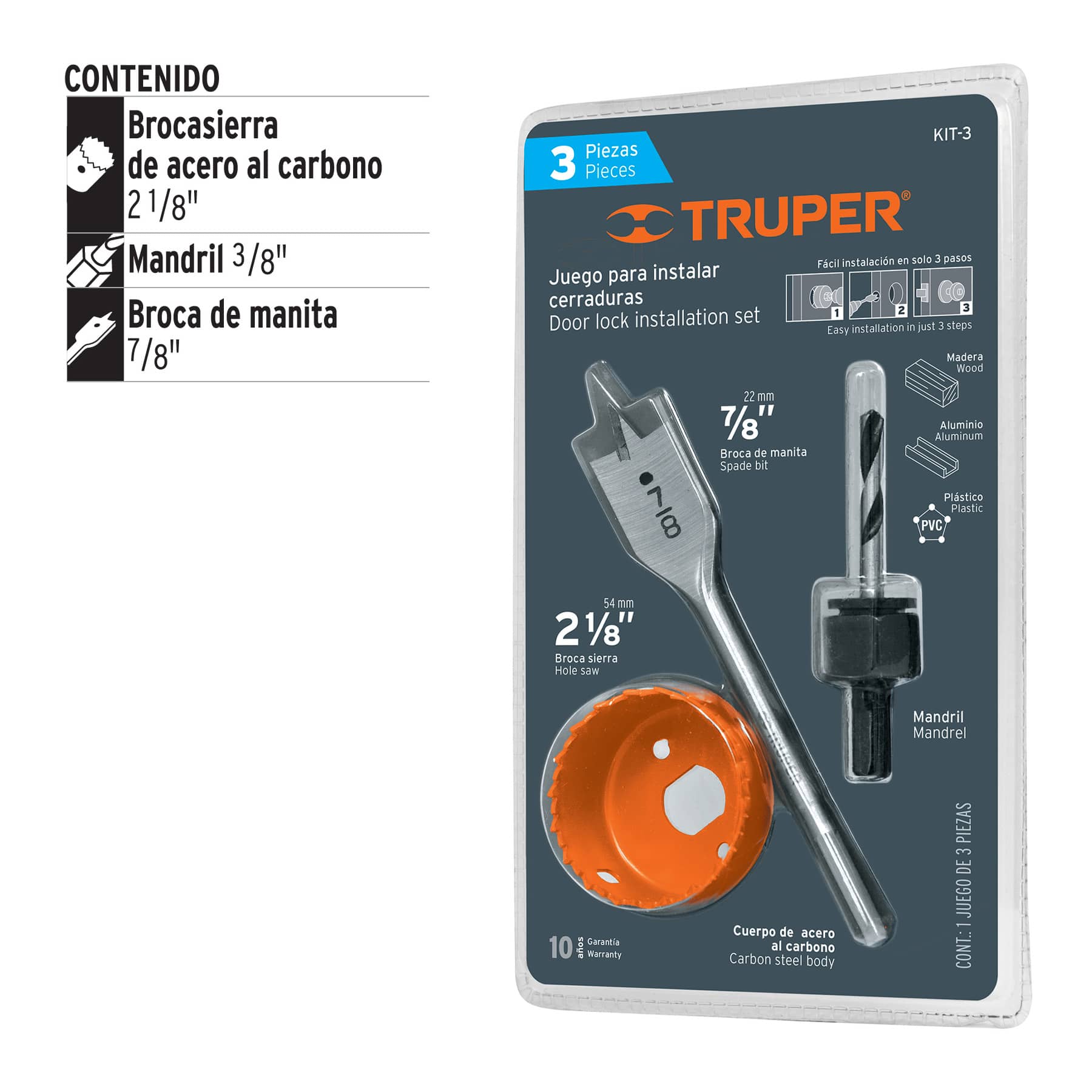 Kit de 3 brocasierras para madera para cerraduras, blíster