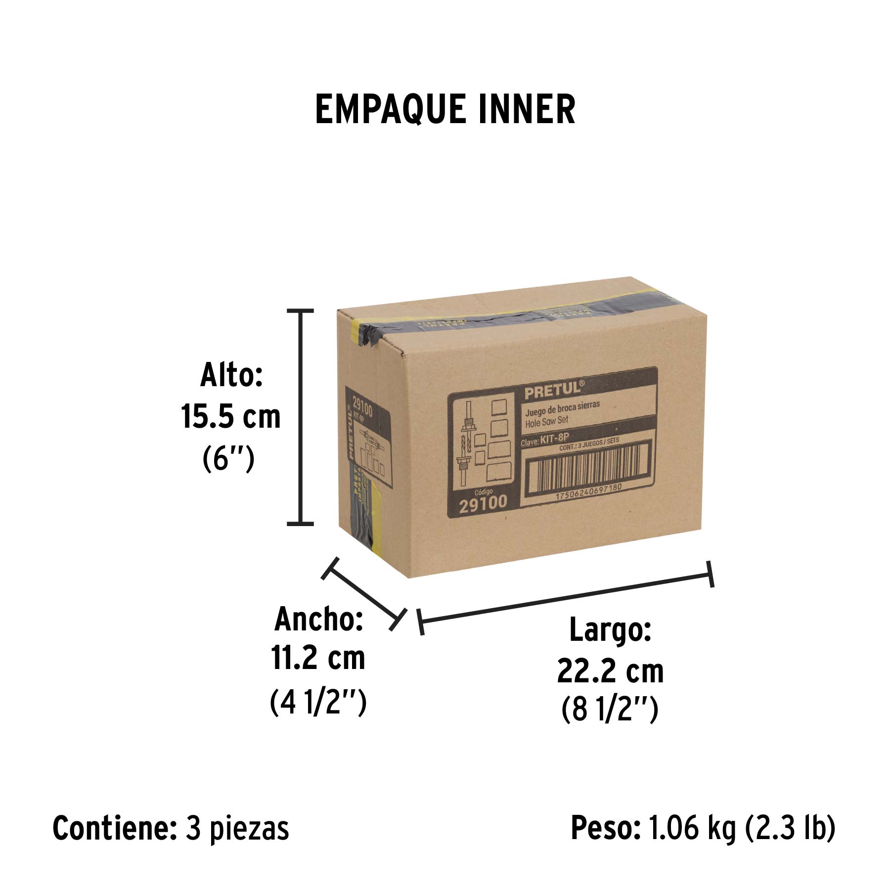 Juego de 7 brocasierras acero al carbono y 1 mandril, PRETUL - Empaque