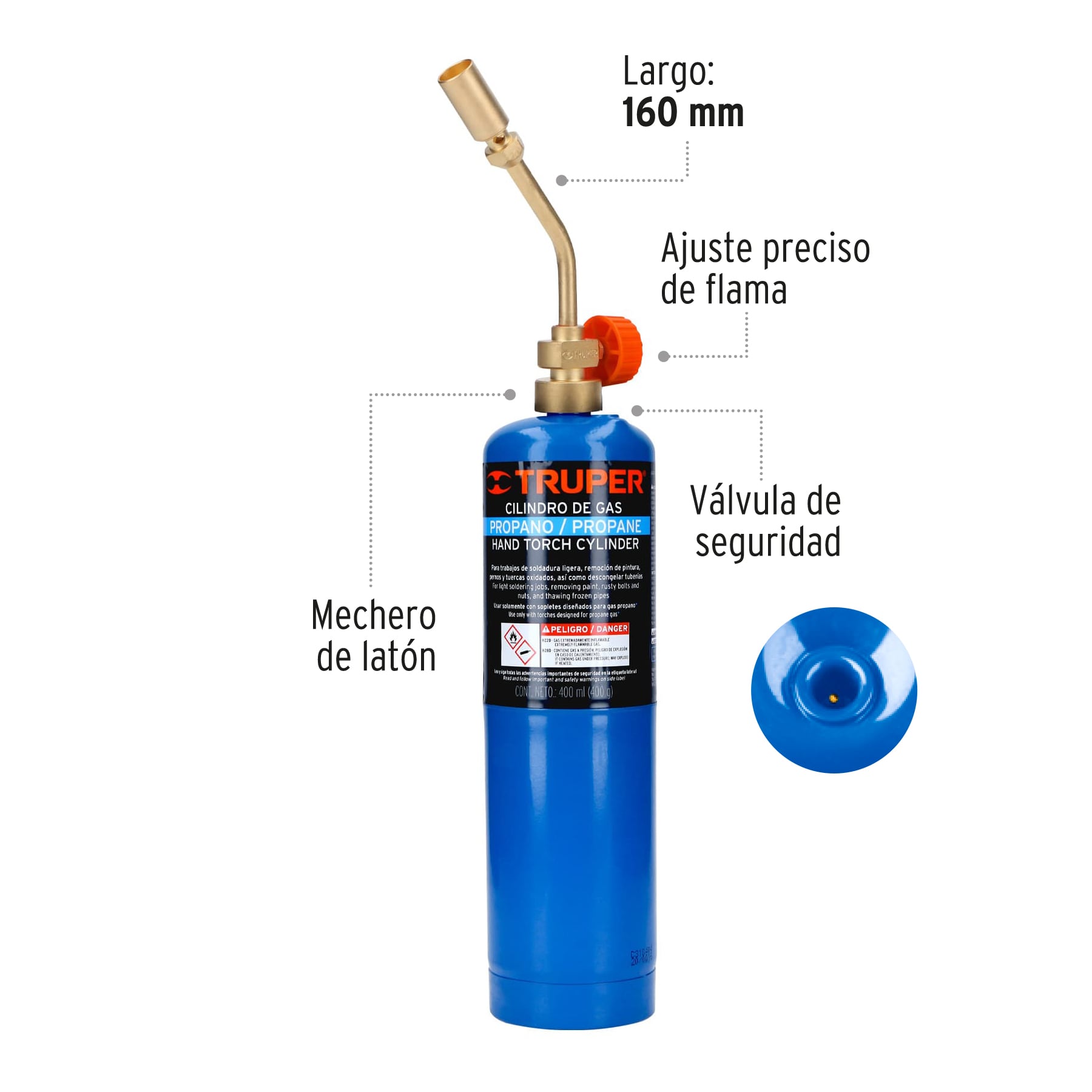 Kit de soplete y cilindro de gas propano 400 g, azul, TRUPER