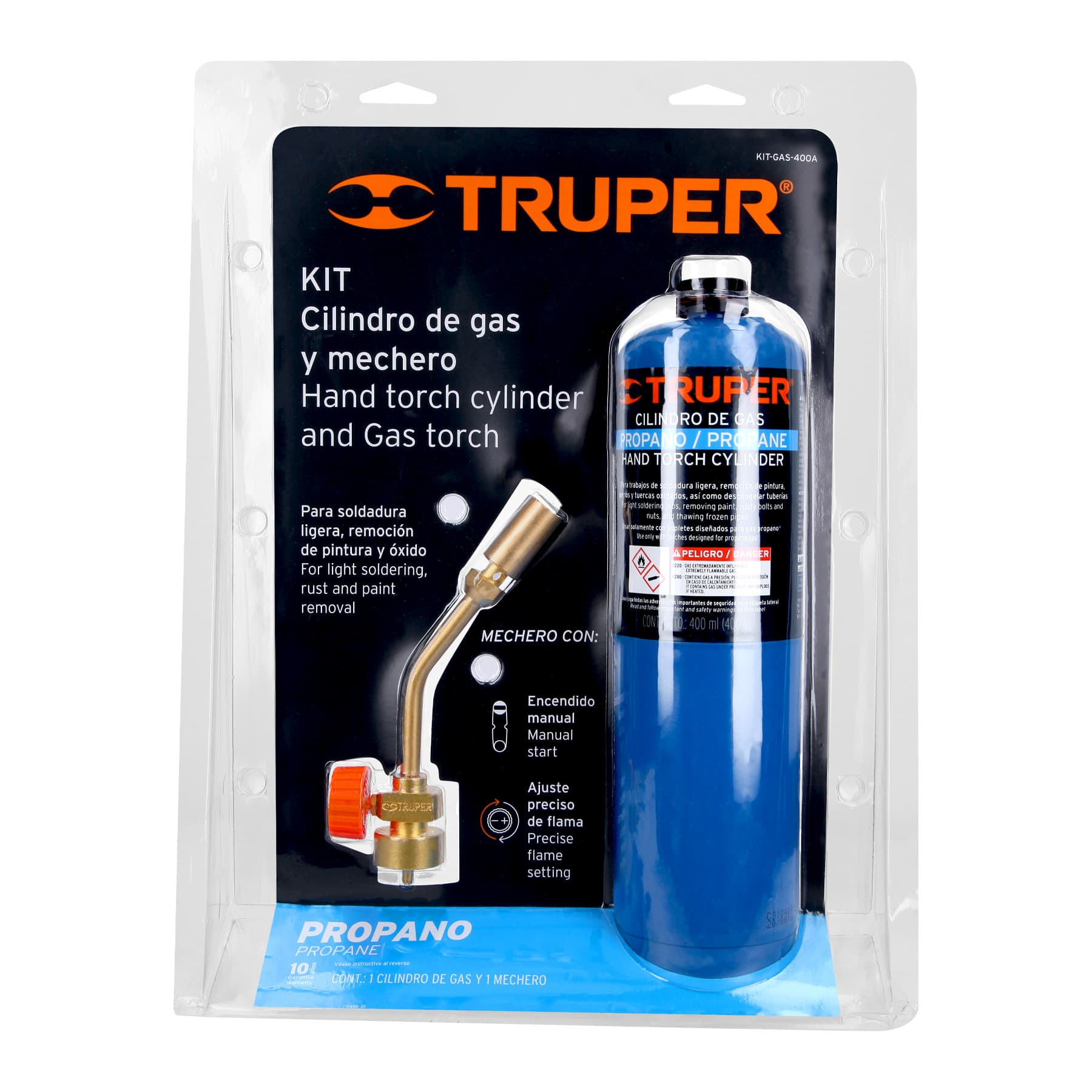Kit de soplete y cilindro de gas propano 400 g, azul, TRUPER