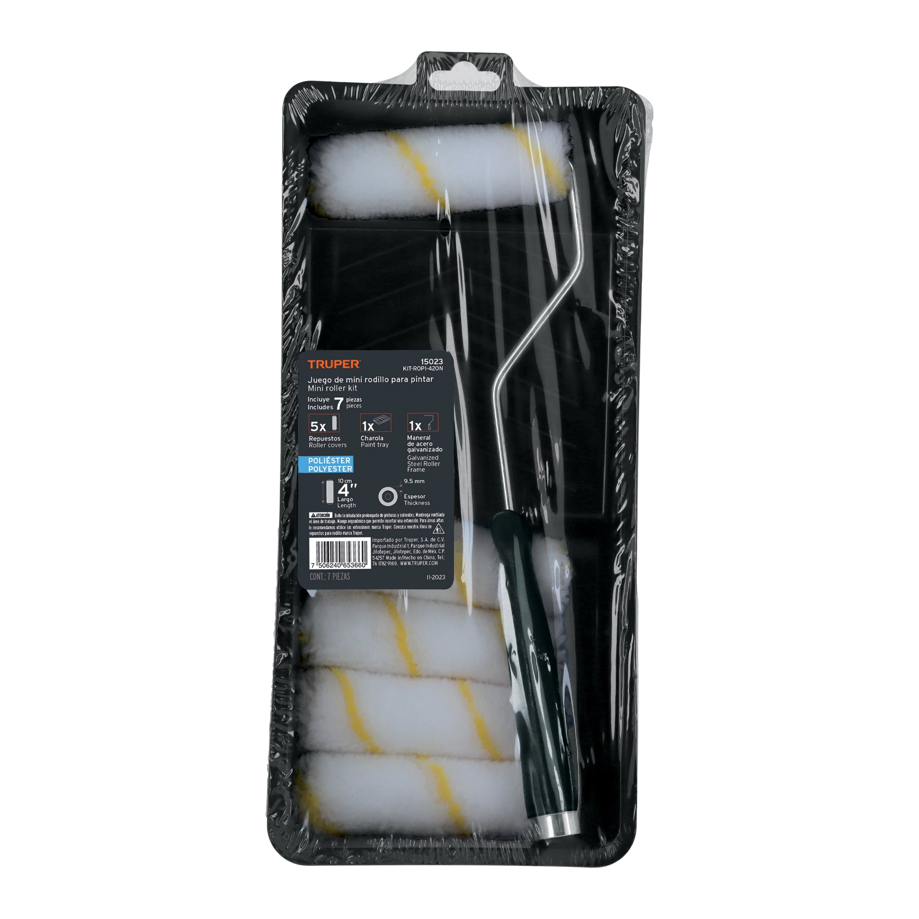 Kit de rodillo para pintar, 4" (maneral, charola y 5 felpas)