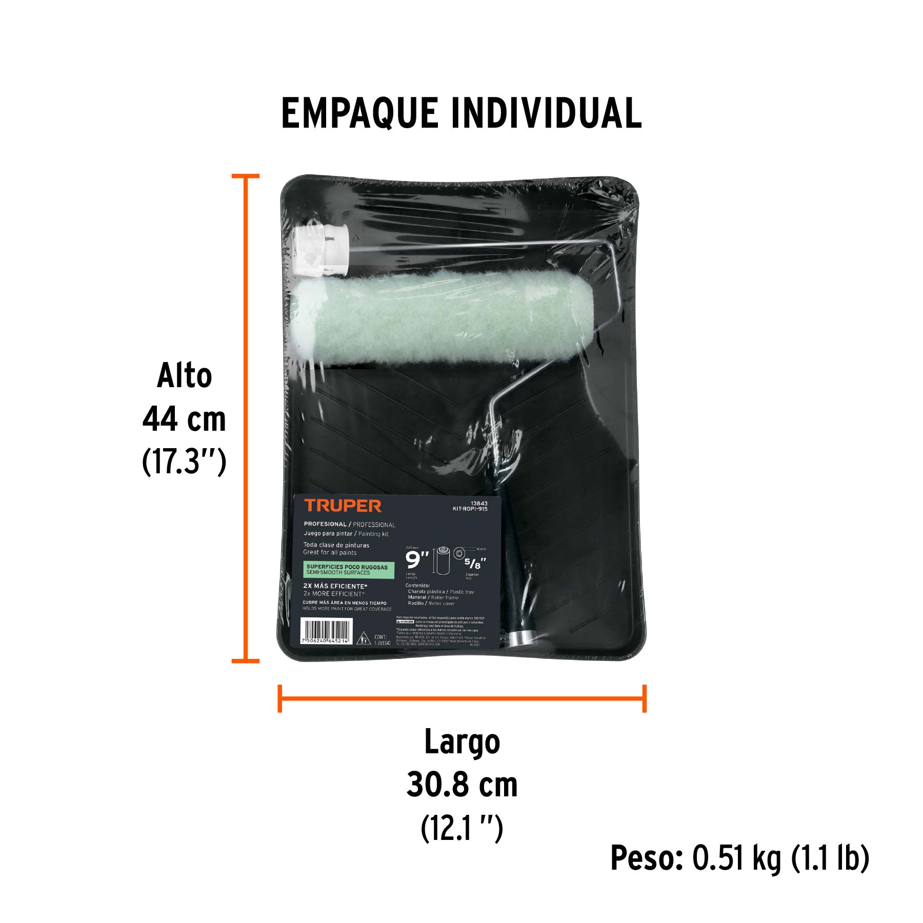 Kit de rodillo para pintar, 9" (maneral, charola y felpa) - Empaque