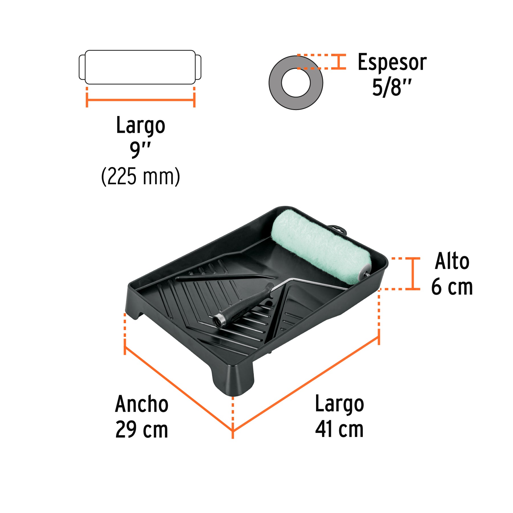 Kit de rodillo para pintar, 9" (maneral, charola y felpa)
