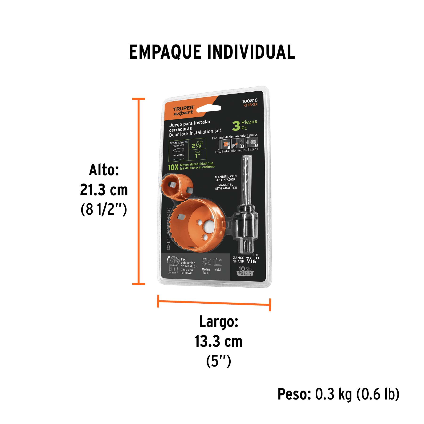 Juego de 3 piezas para instalar cerraduras, TRUPER EXPERT - Empaque