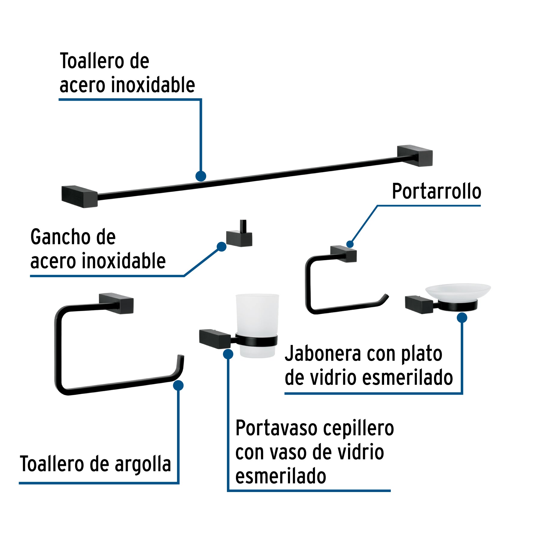 Juego de 6 accesorios para baño, negro, FOSET KUBO