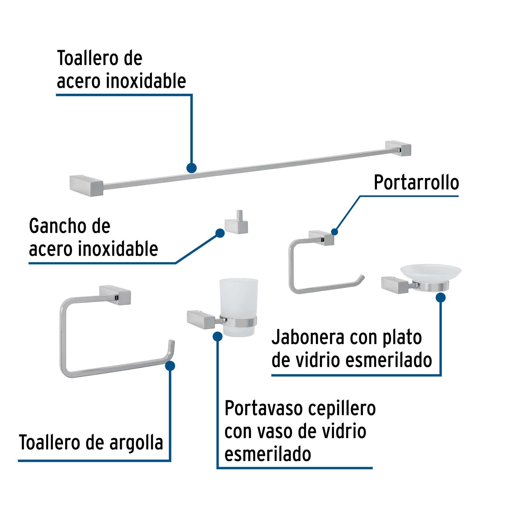 Juego de 6 accesorios para baño, cromo, FOSET KUBO
