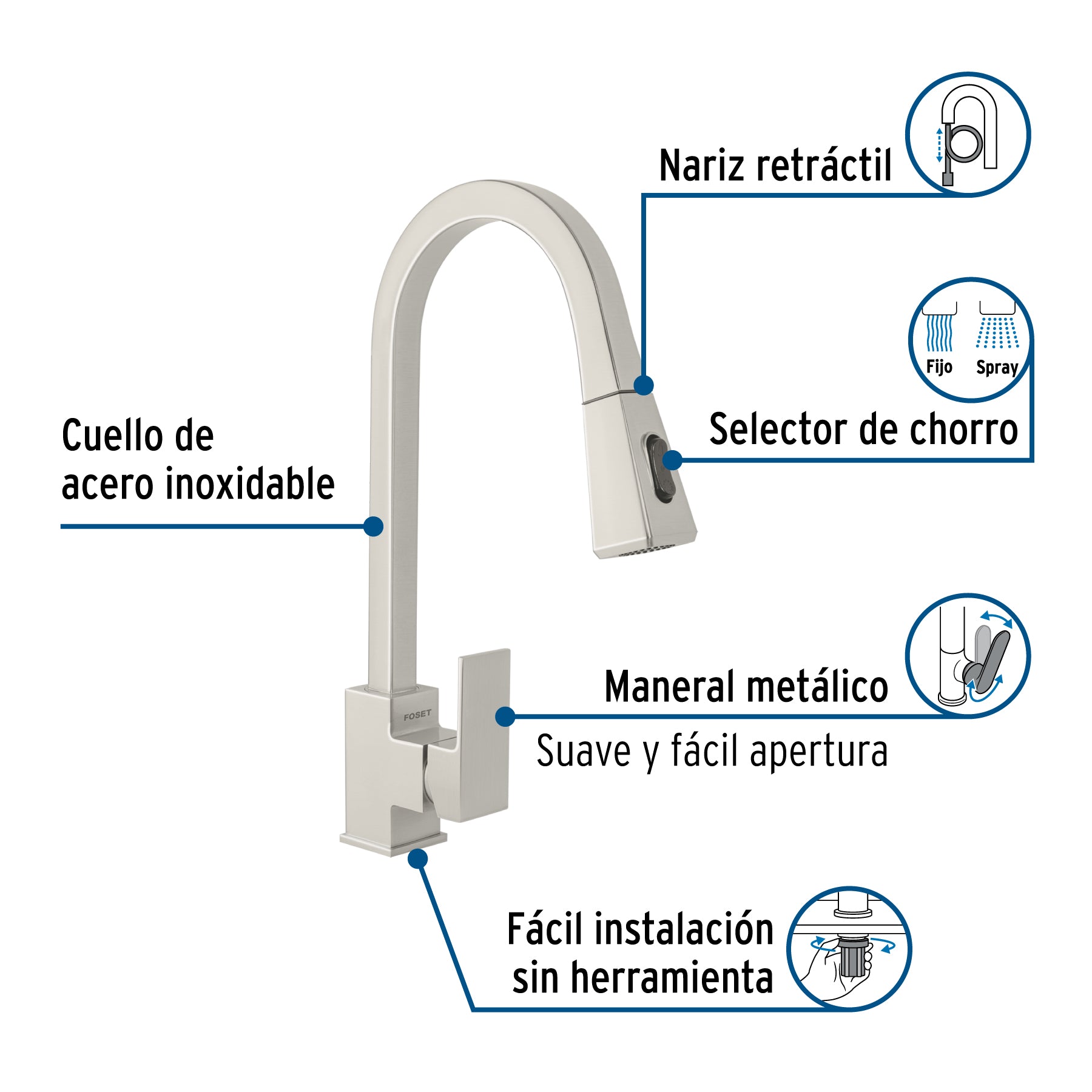 Monomando nariz retráctil para fregadero, satín, FOSET KUBO