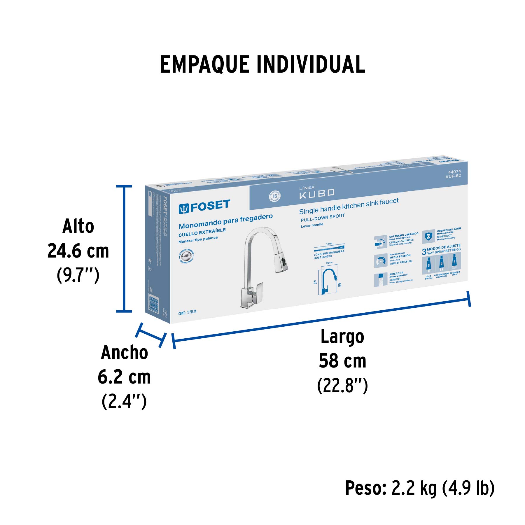 Monomando nariz retráctil para fregadero, cromo, FOSET KUBO - Empaque