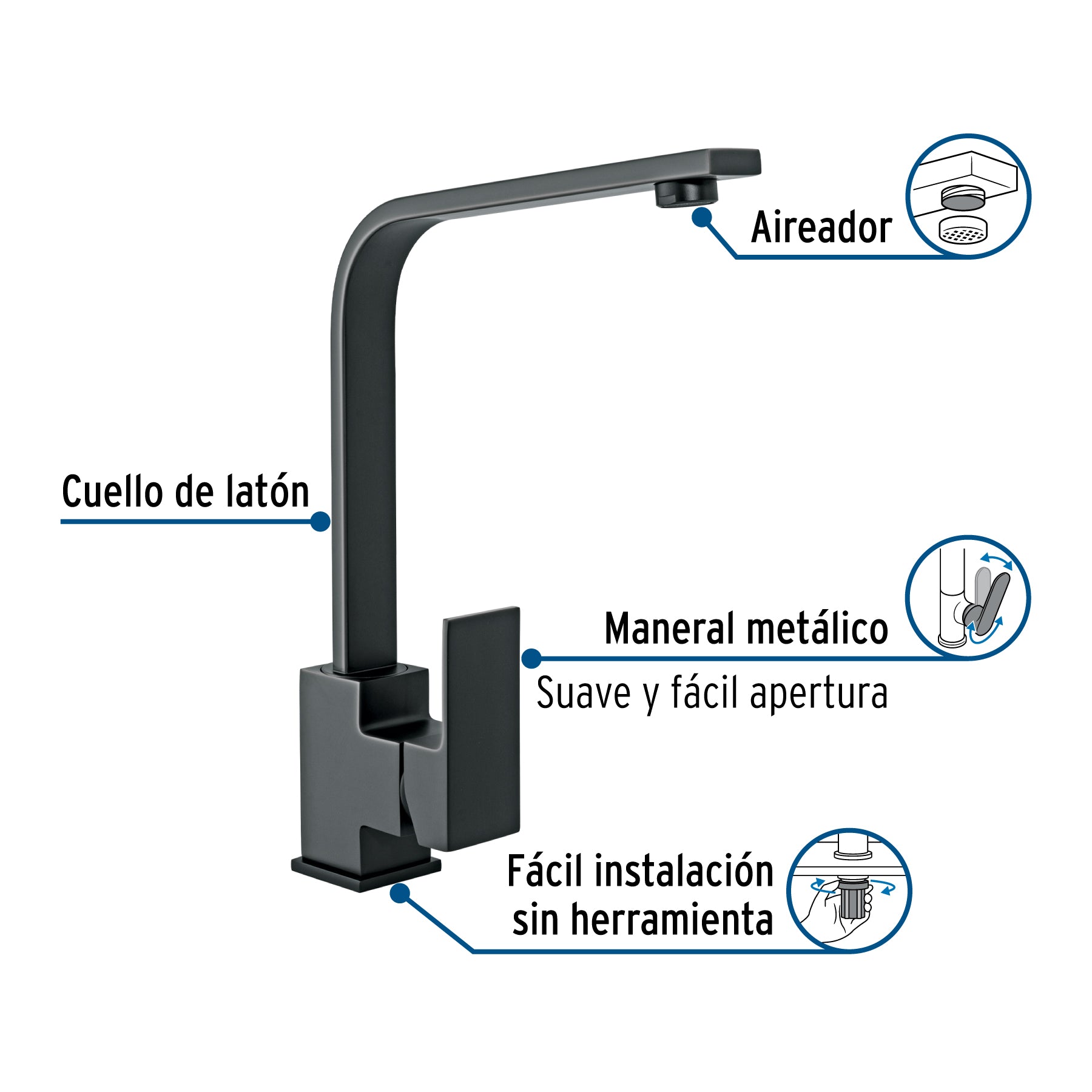 Monomando cuello alto para fregadero, negro, FOSET KUBO