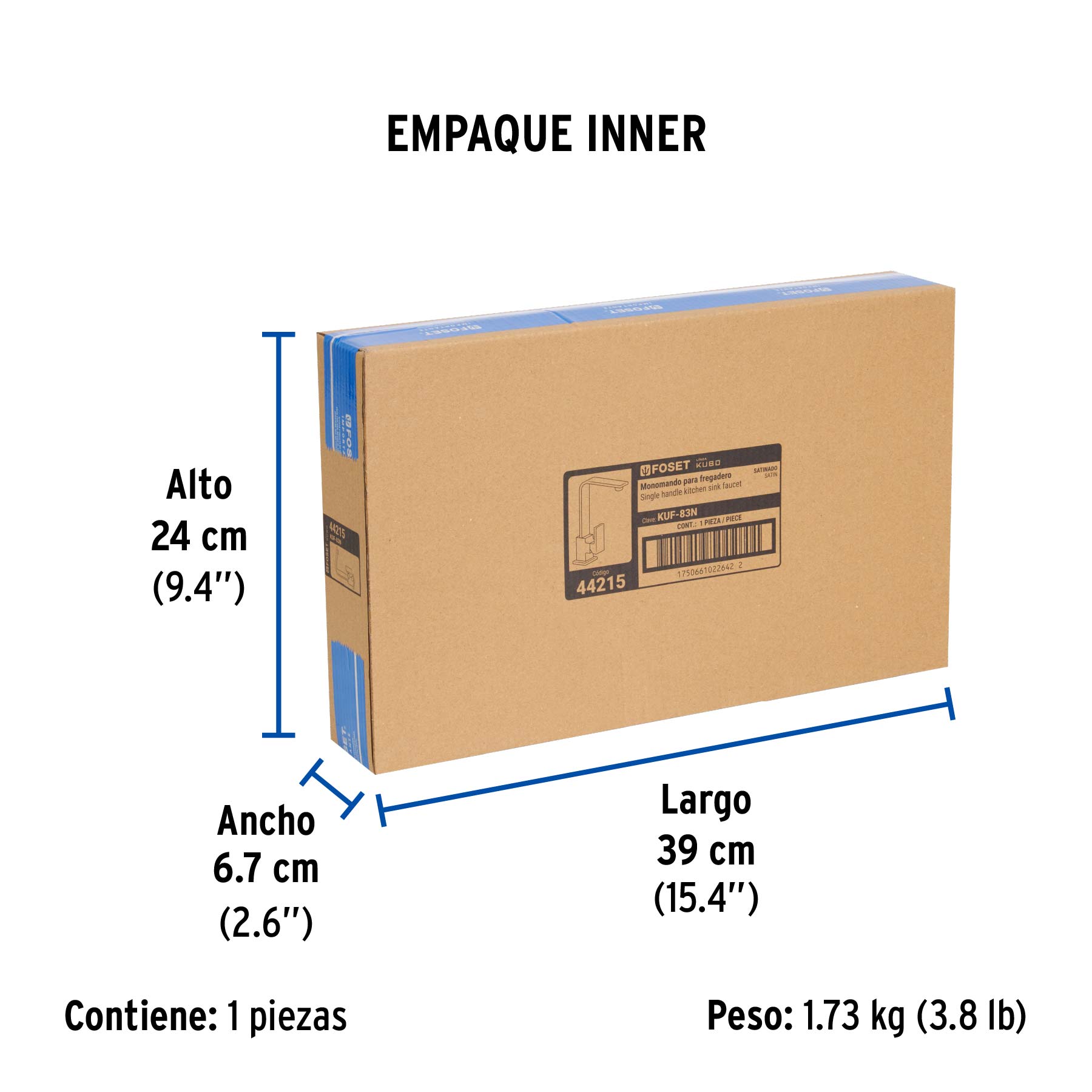 Monomando cuello alto para fregadero, satín, FOSET KUBO - Empaque