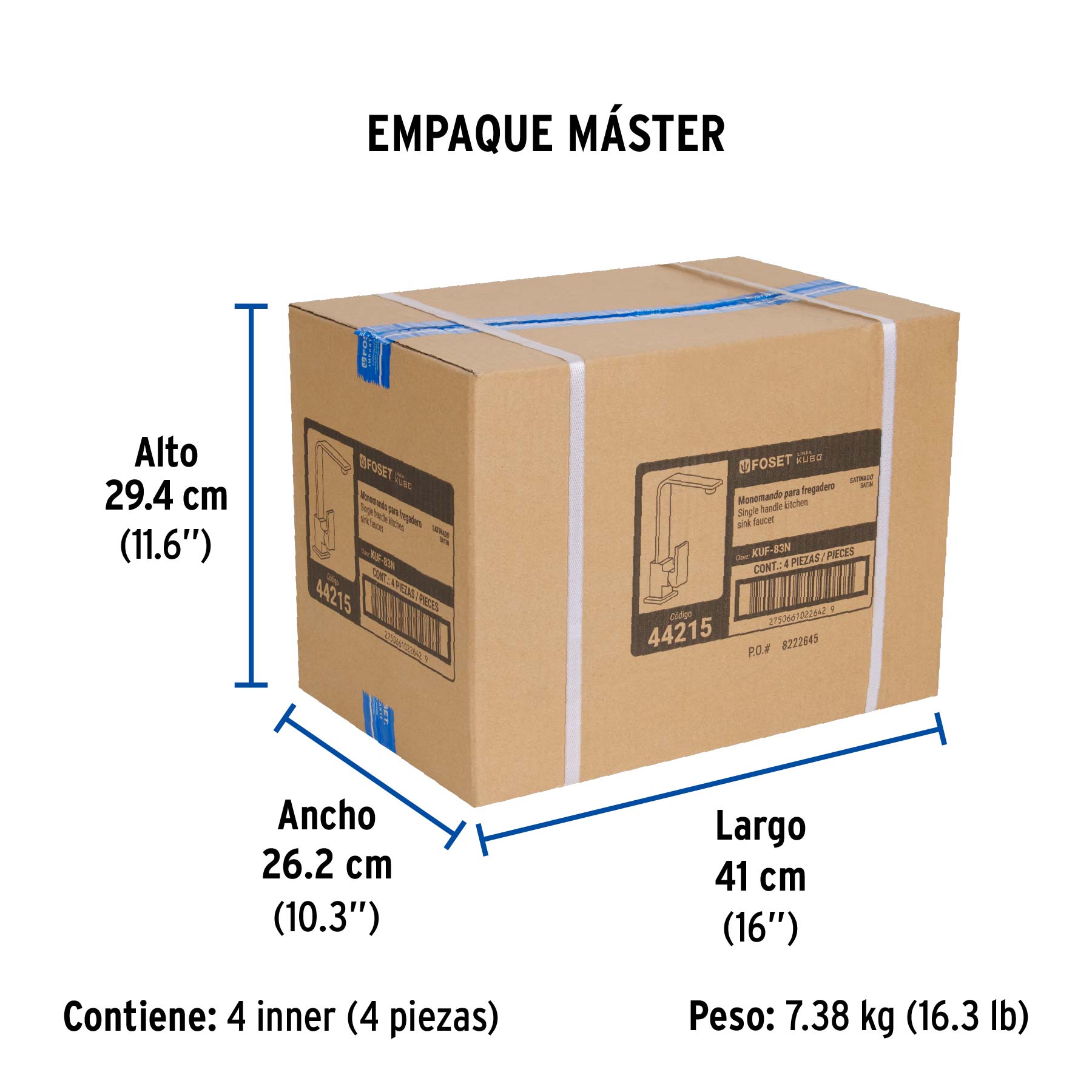 Monomando cuello alto para fregadero, satín, FOSET KUBO - Empaque