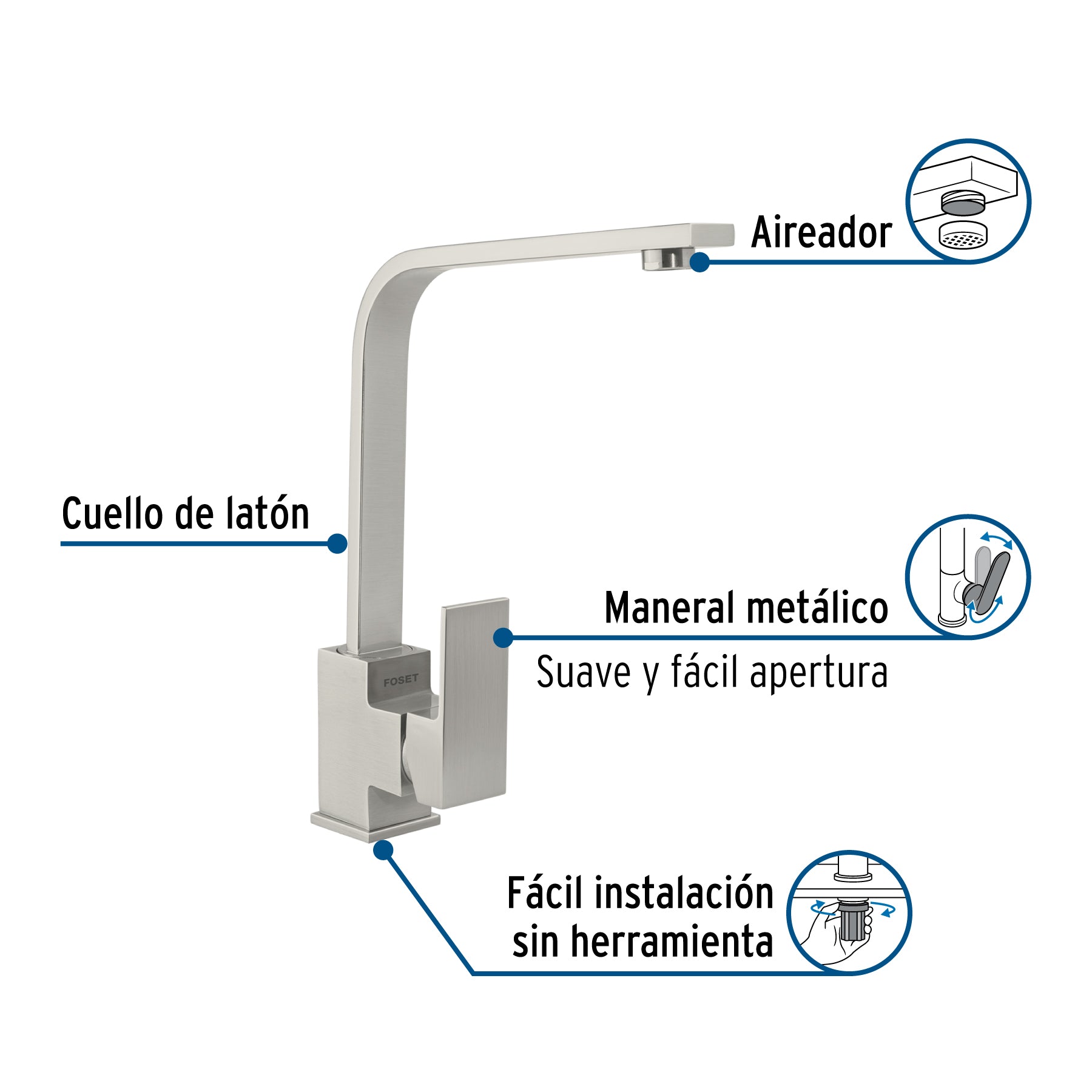 Monomando cuello alto para fregadero, satín, FOSET KUBO