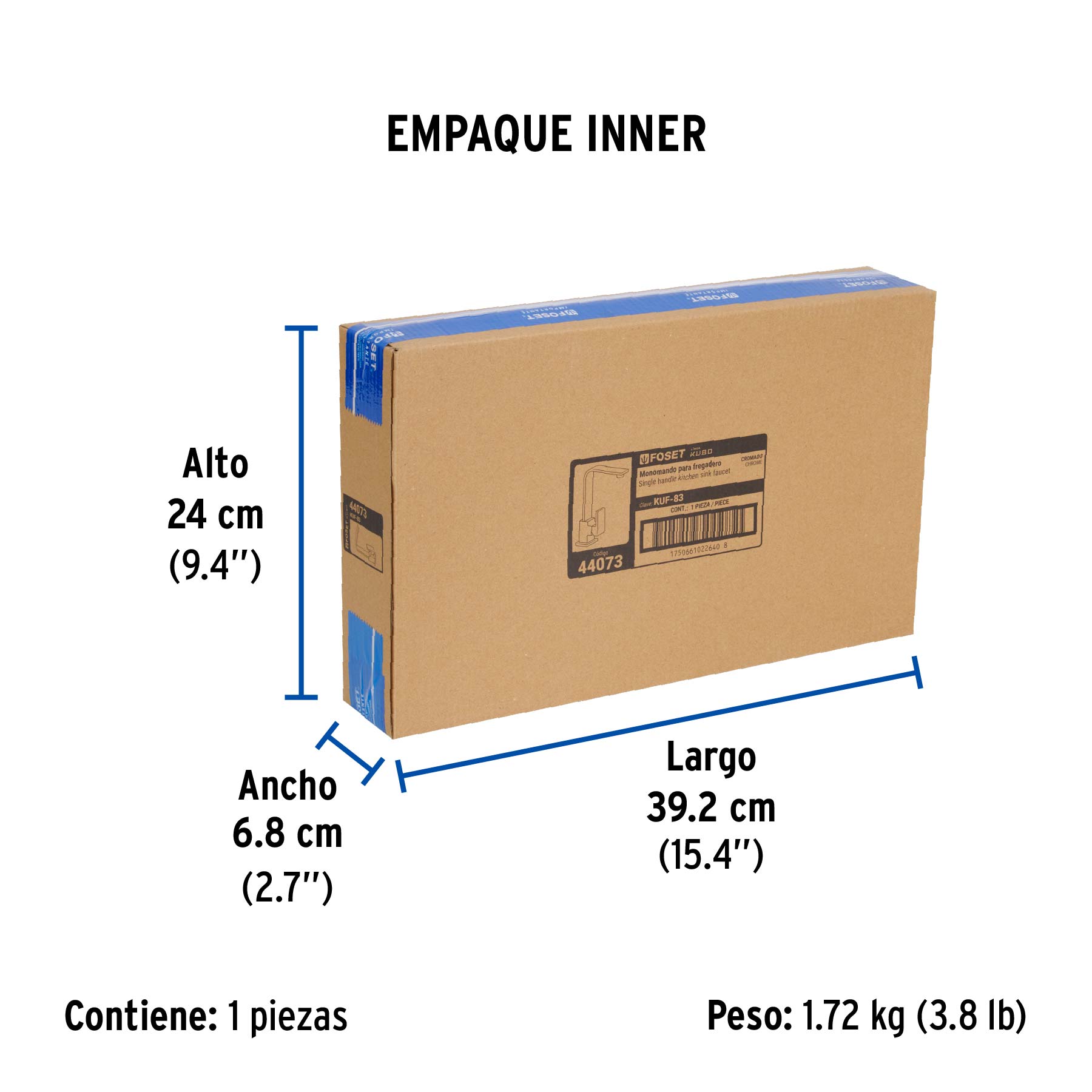Monomando cuello alto para fregadero, cromo, FOSET KUBO - Empaque