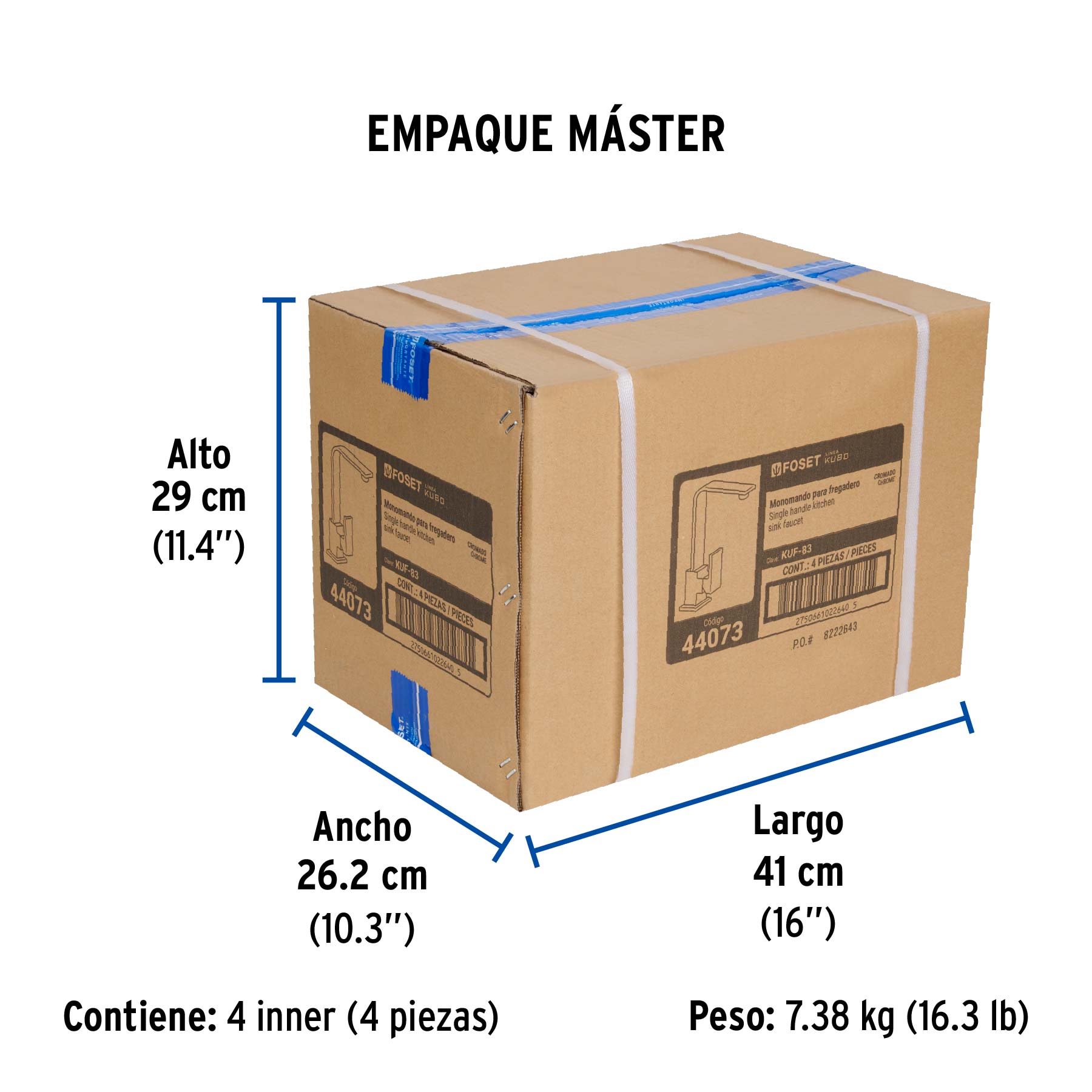 Monomando cuello alto para fregadero, cromo, FOSET KUBO - Empaque