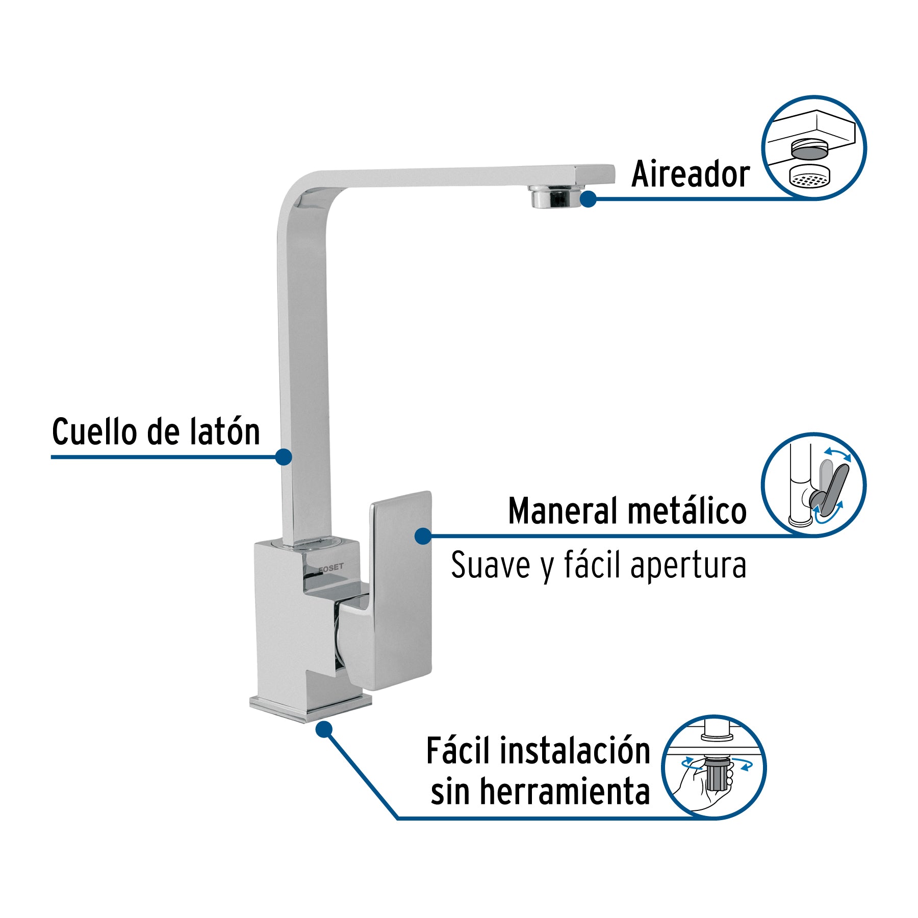 Monomando cuello alto para fregadero, cromo, FOSET KUBO