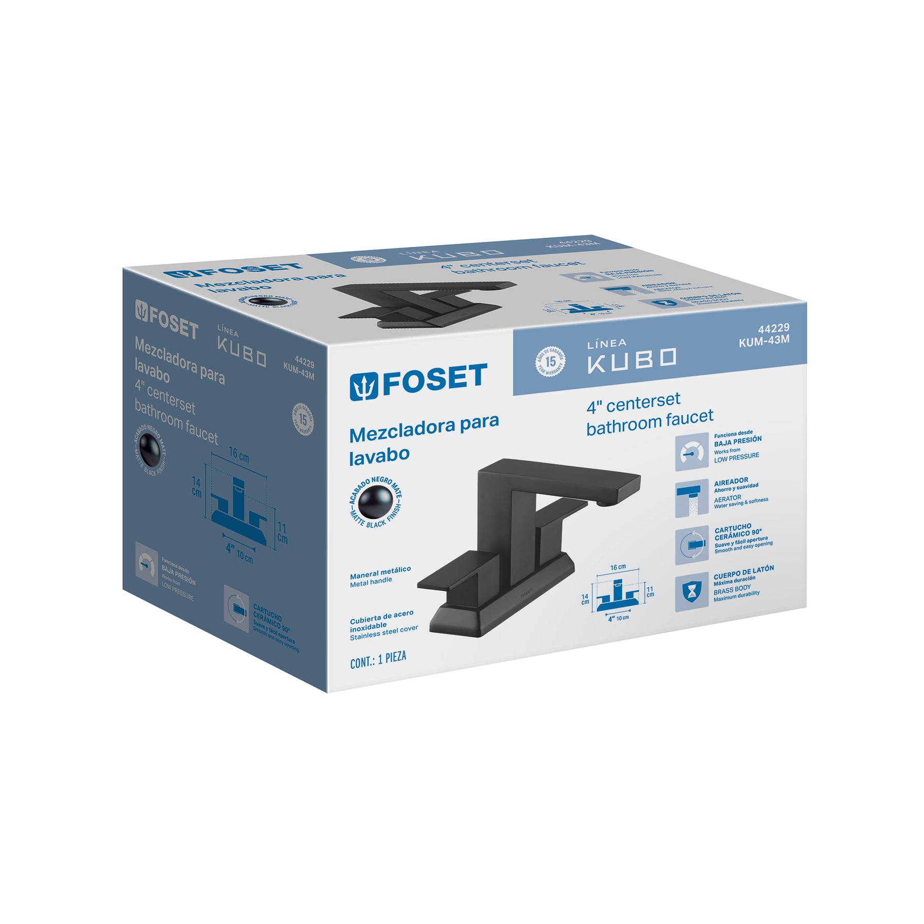 Mezcladora para lavabo 4", negro, FOSET KUBO