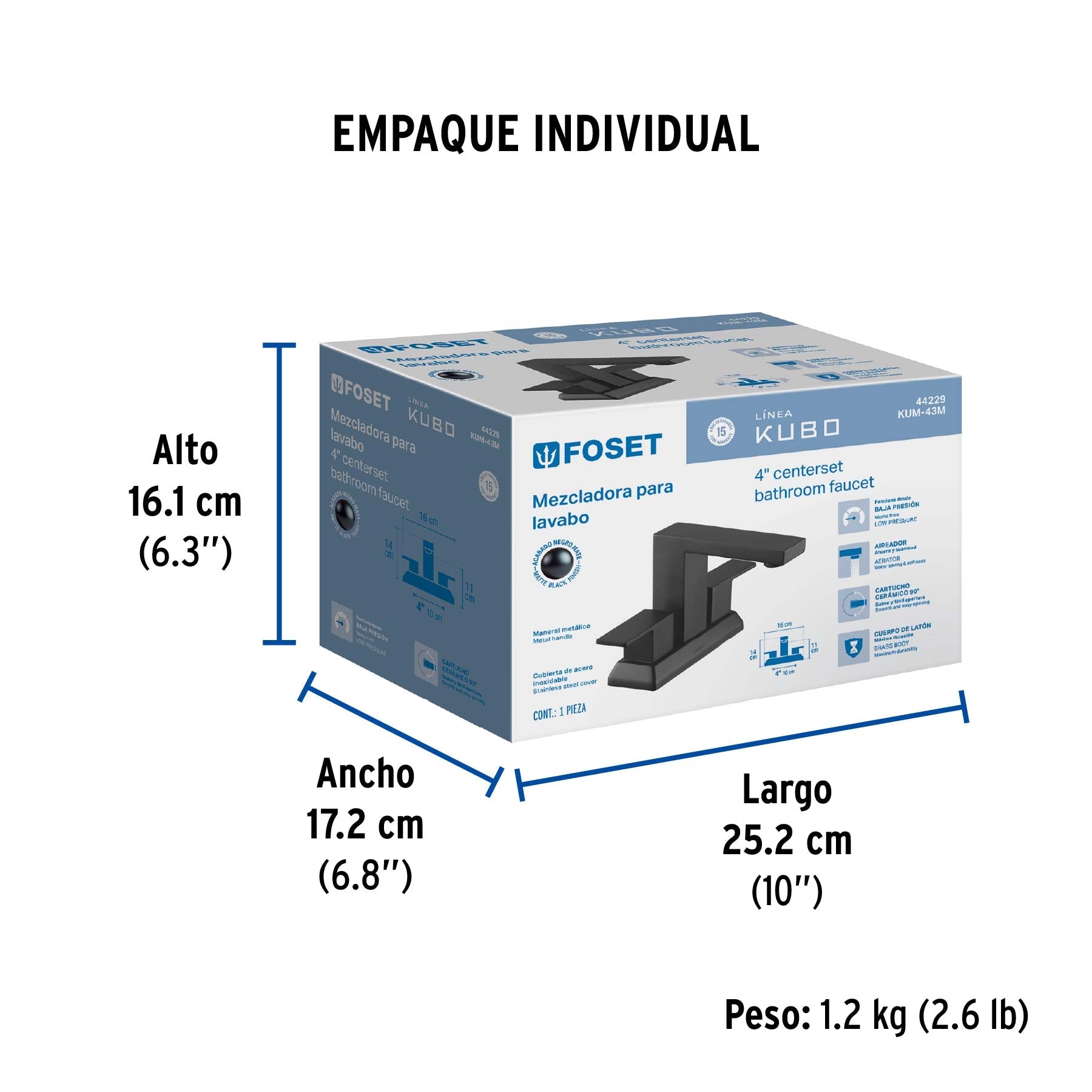 Mezcladora para lavabo 4", negro, FOSET KUBO - Empaque