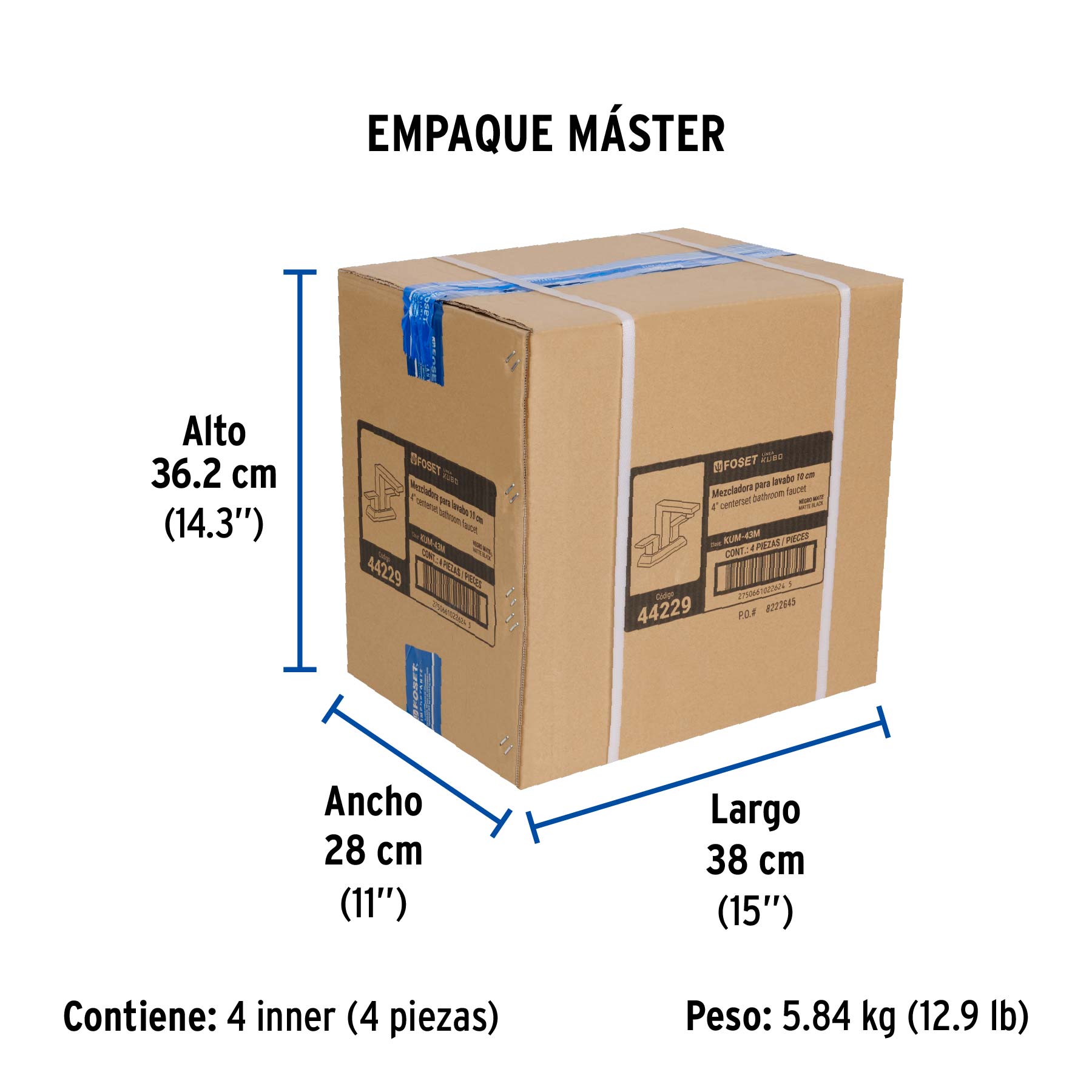 Mezcladora para lavabo 4", negro, FOSET KUBO - Empaque
