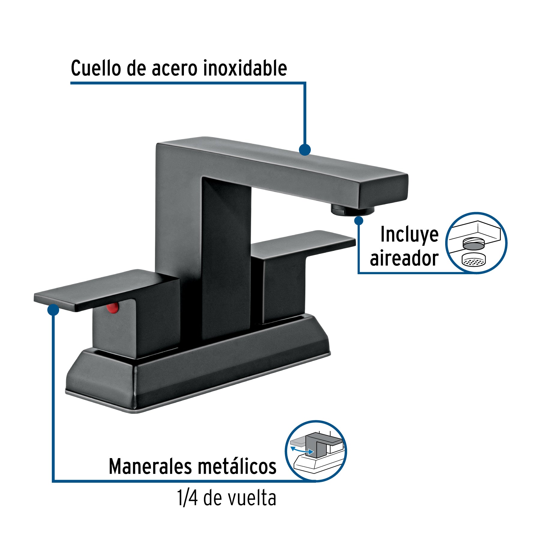 Mezcladora para lavabo 4", negro, FOSET KUBO