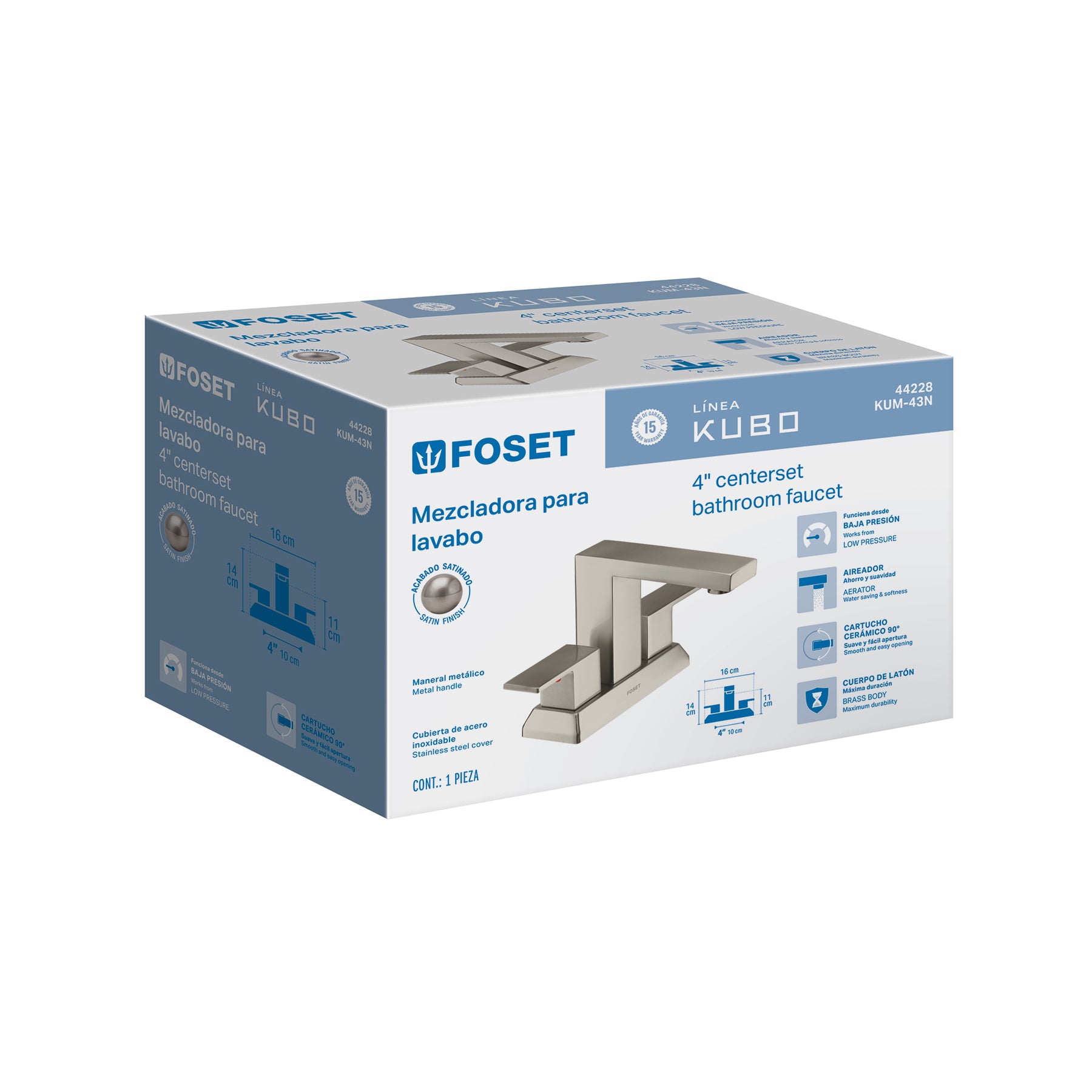 Mezcladora para lavabo 4", satín, FOSET KUBO