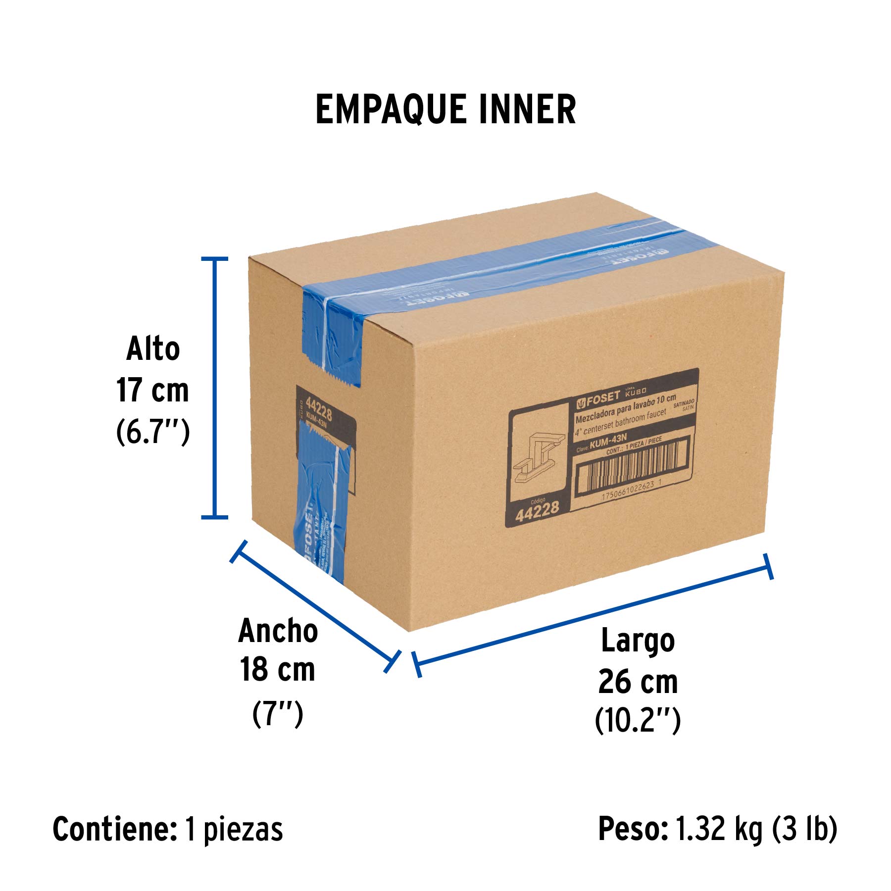 Mezcladora para lavabo 4", satín, FOSET KUBO - Empaque