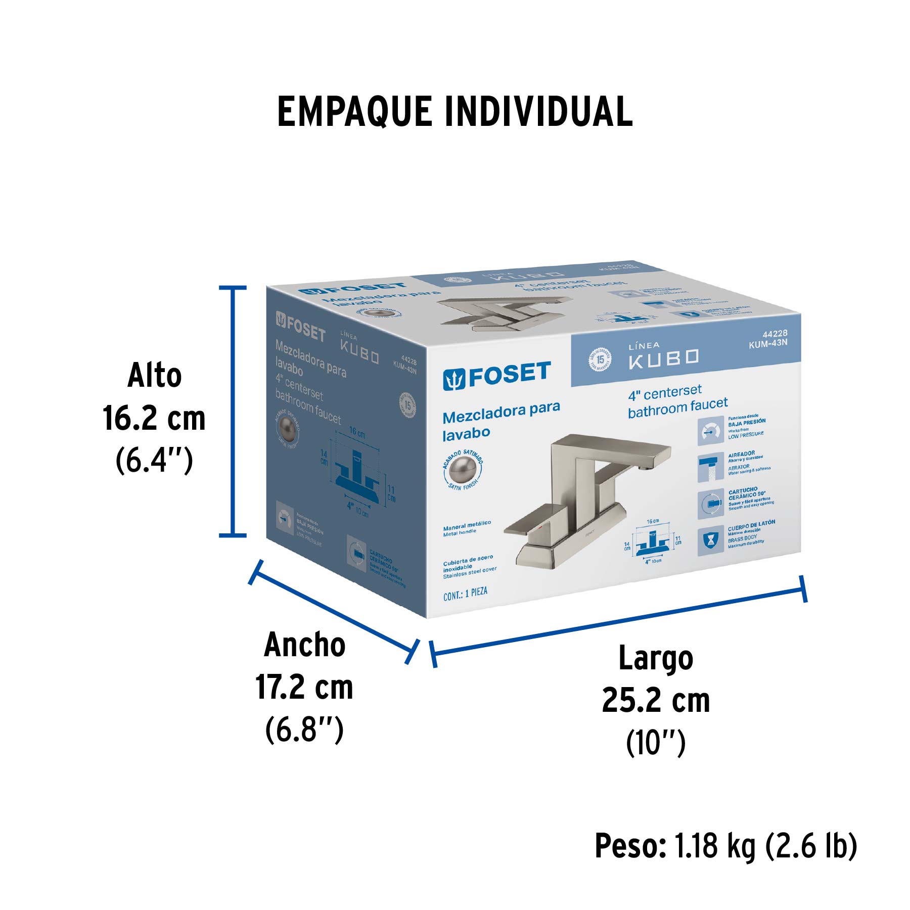 Mezcladora para lavabo 4", satín, FOSET KUBO - Empaque