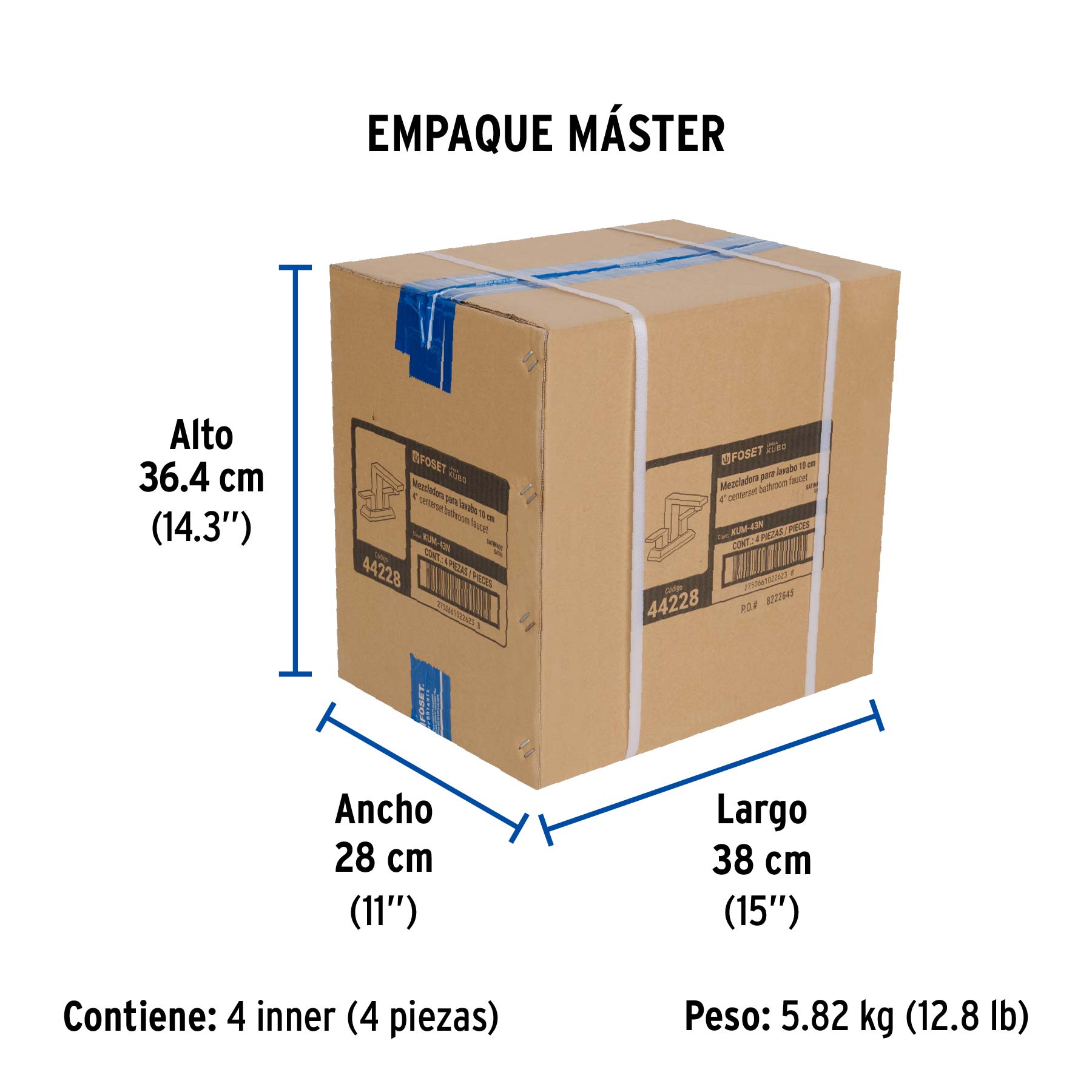 Mezcladora para lavabo 4", satín, FOSET KUBO - Empaque