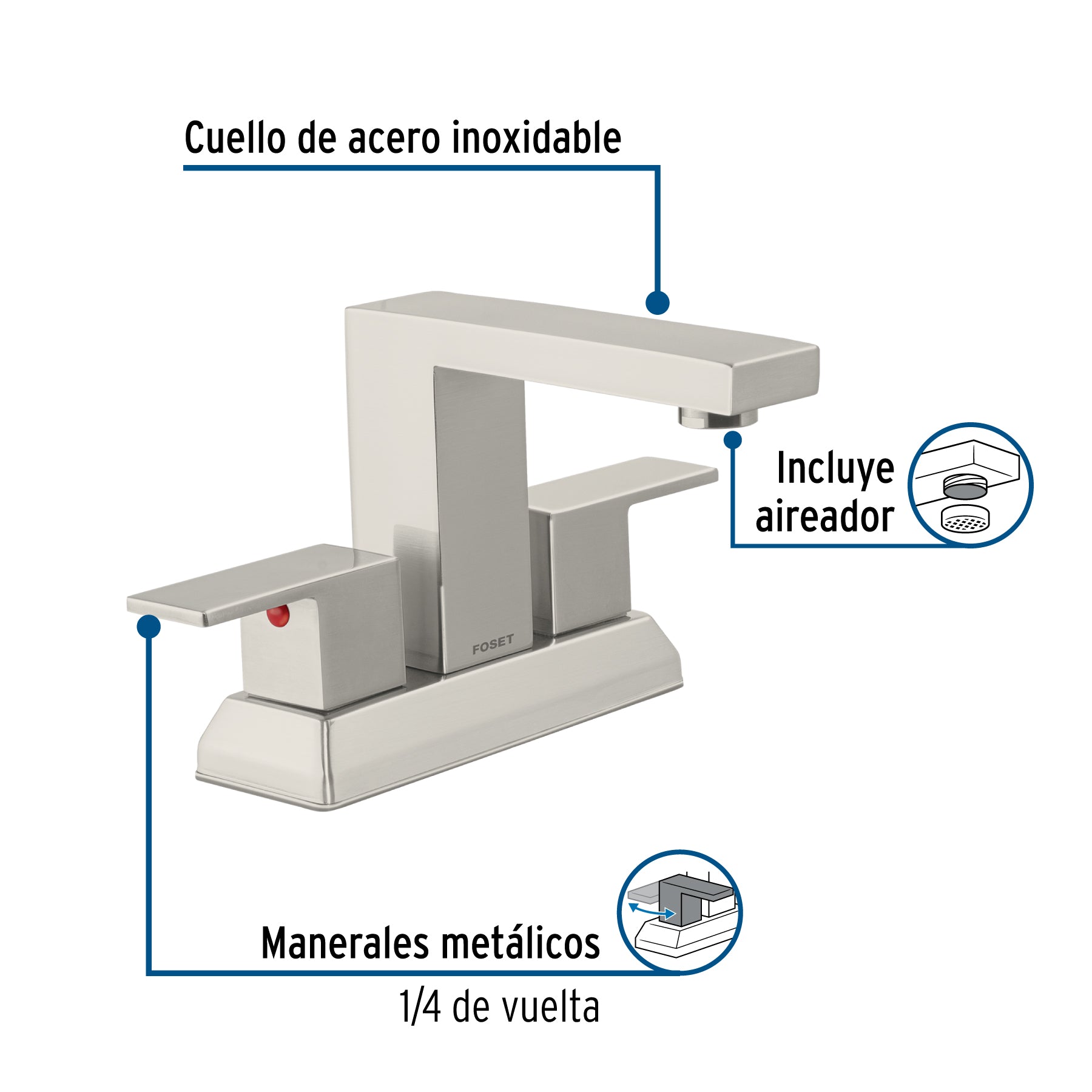 Mezcladora para lavabo 4", satín, FOSET KUBO