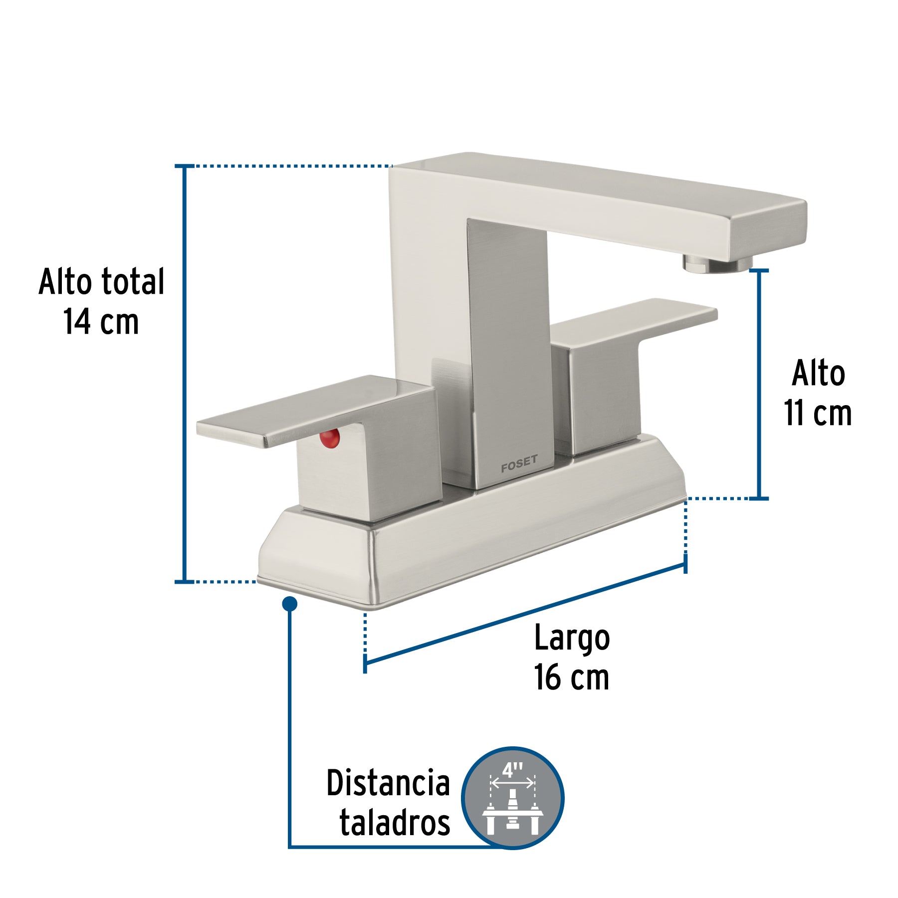 Mezcladora para lavabo 4", satín, FOSET KUBO