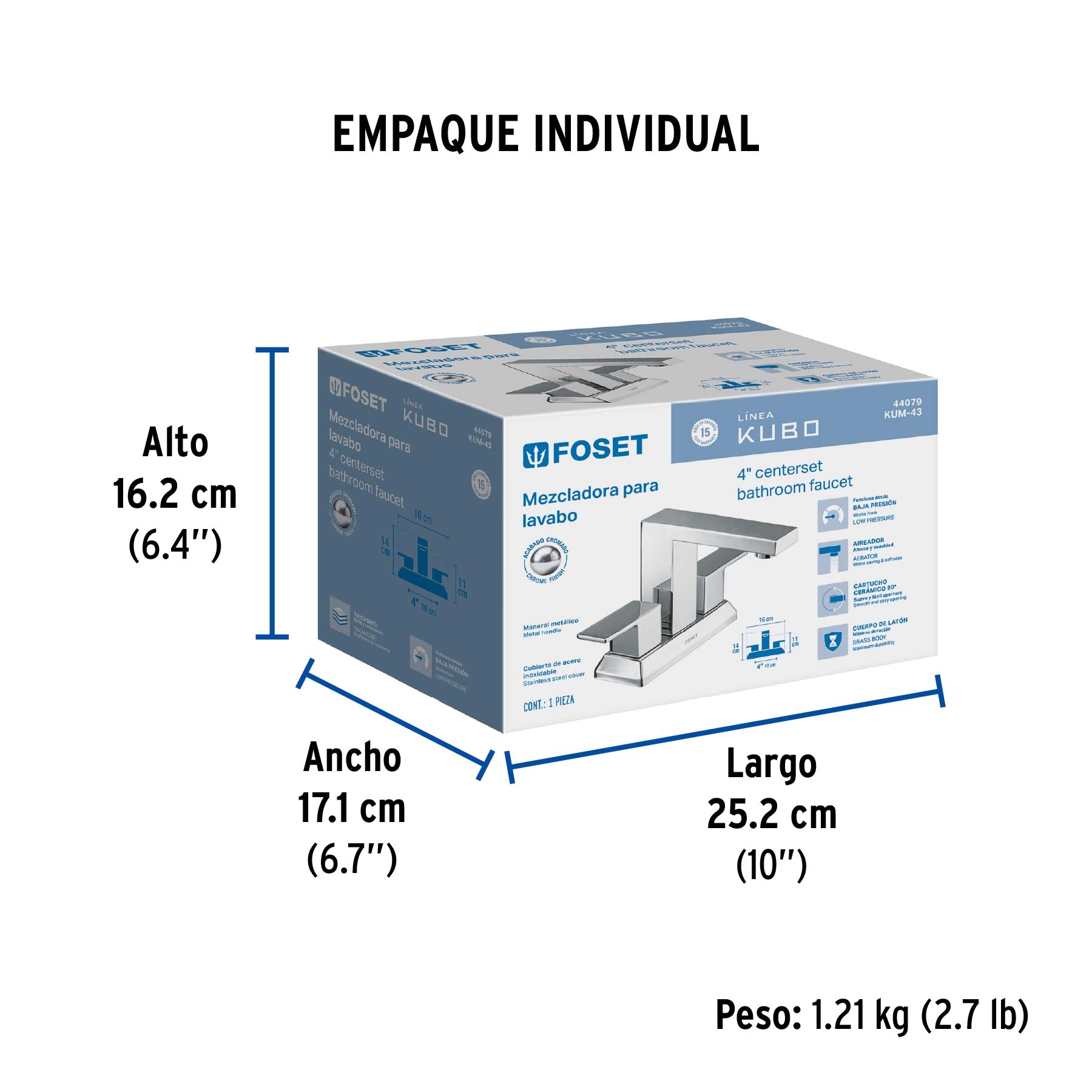 Mezcladora para lavabo 4", cromo, FOSET KUBO - Empaque