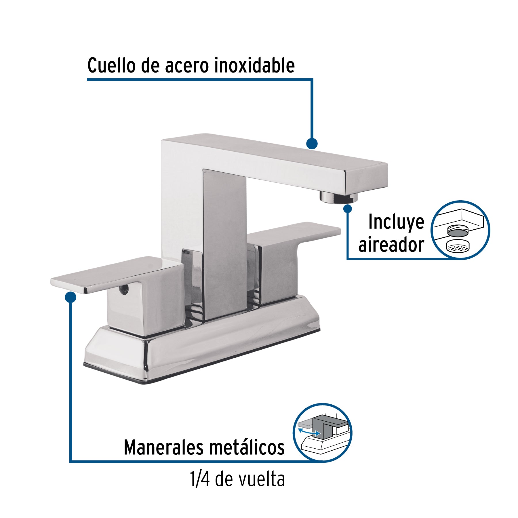 Mezcladora para lavabo 4", cromo, FOSET KUBO