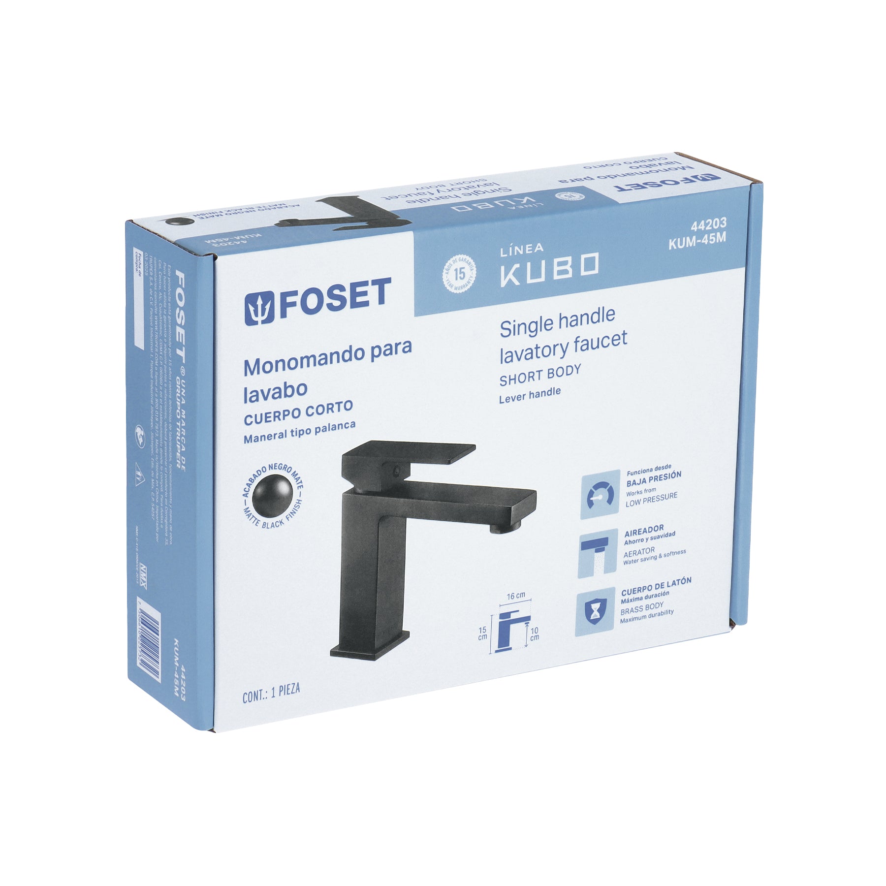 Monomando corto para lavabo, negro, FOSET KUBO