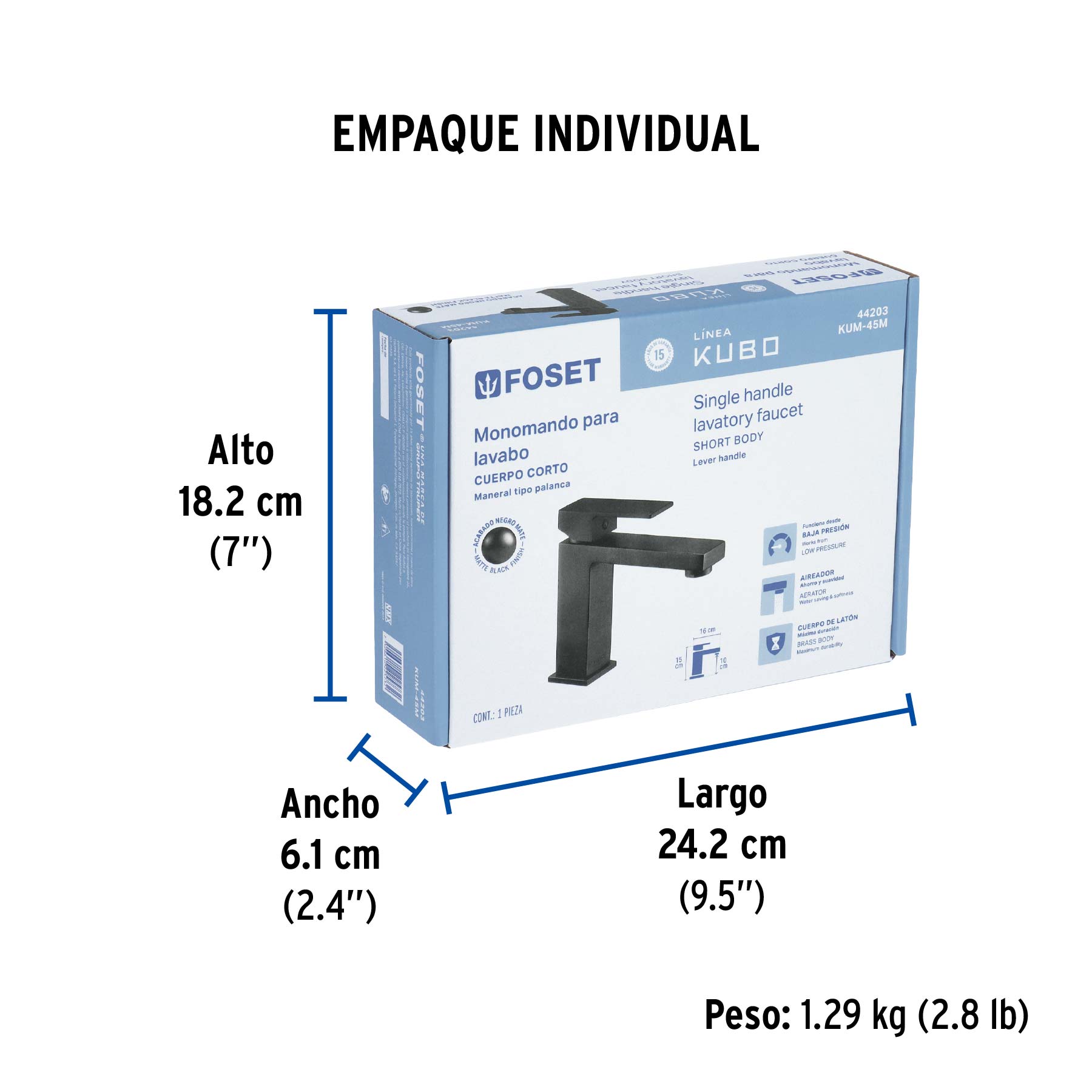 Monomando corto para lavabo, negro, FOSET KUBO - Empaque