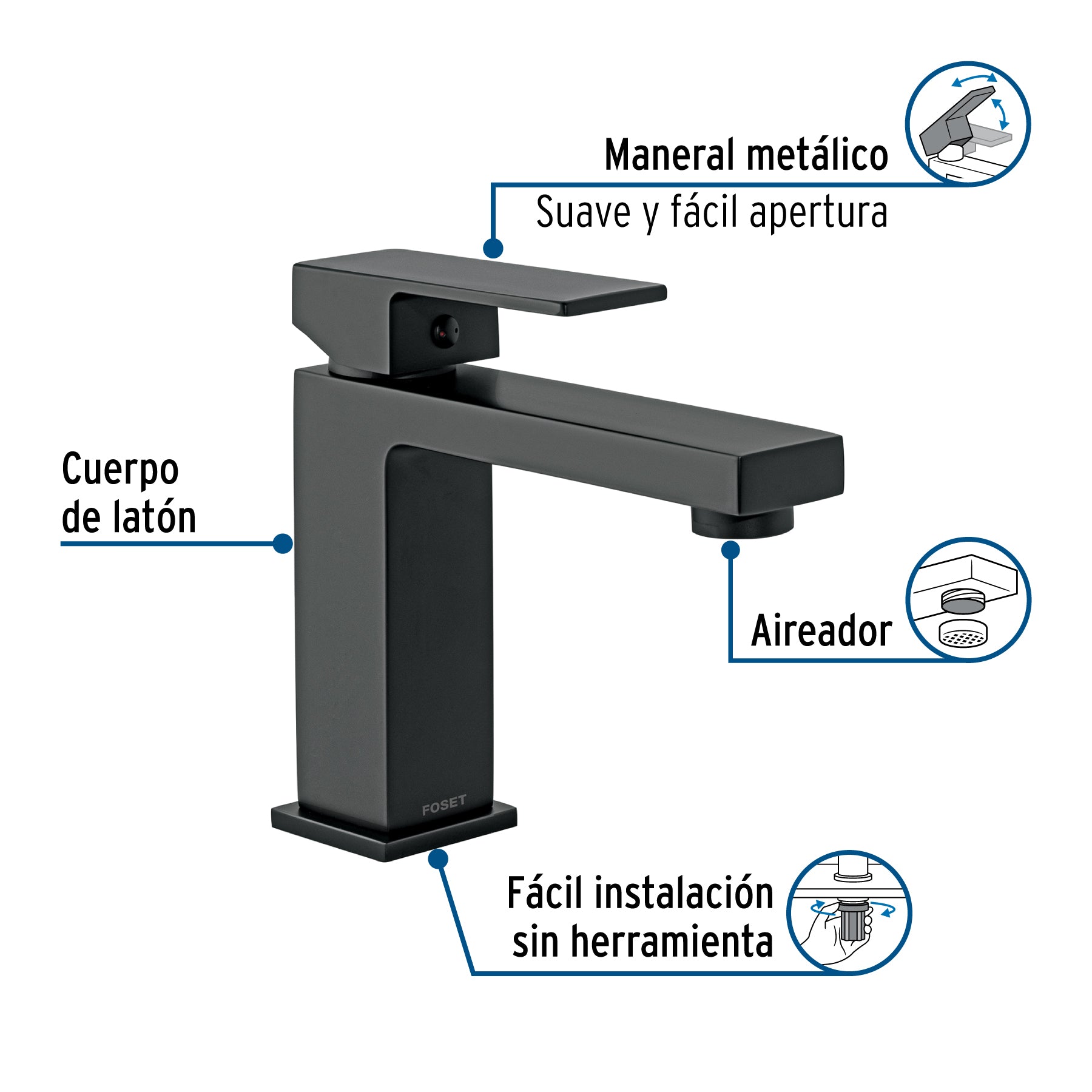 Monomando corto para lavabo, negro, FOSET KUBO