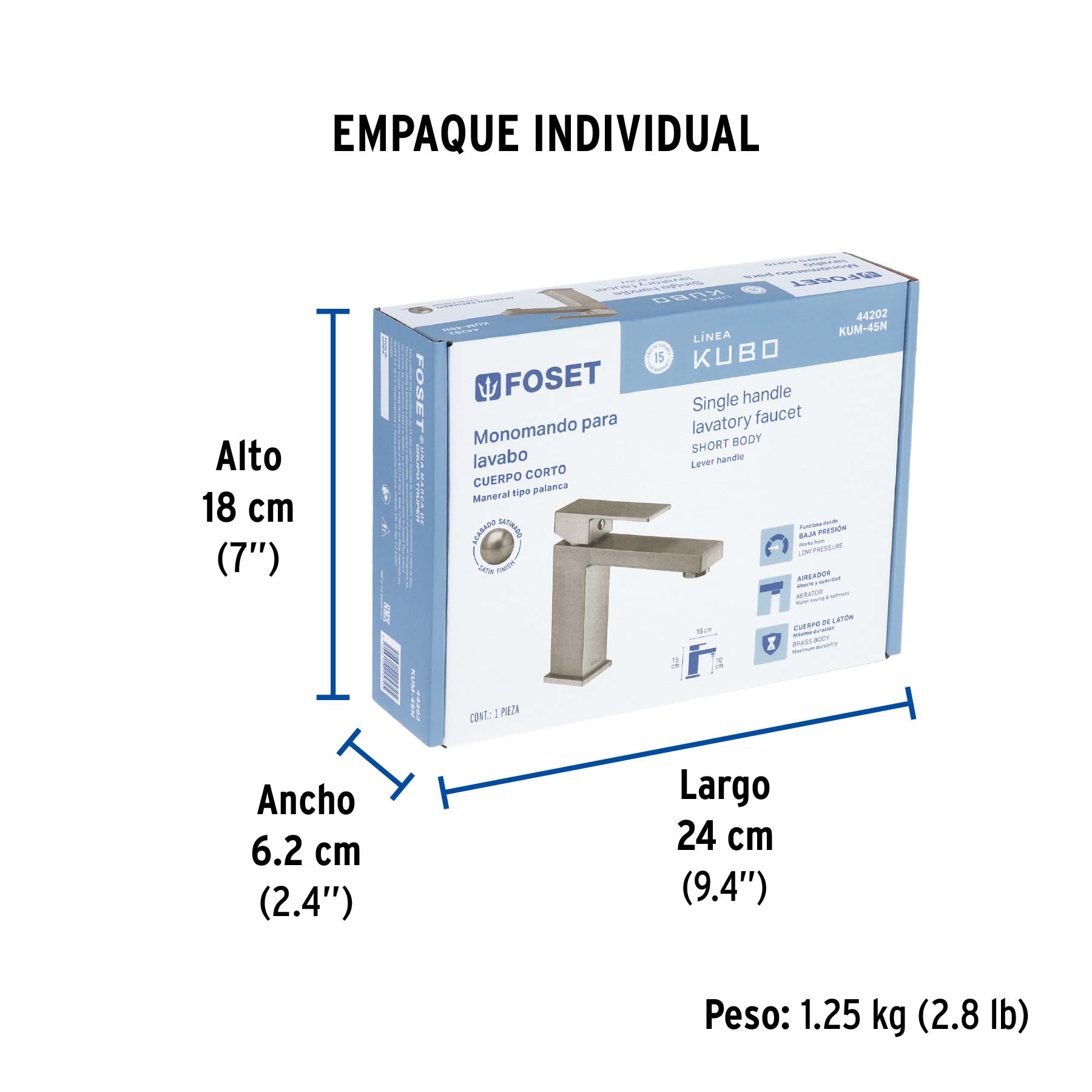 Monomando corto para lavabo, satín, FOSET KUBO - Empaque