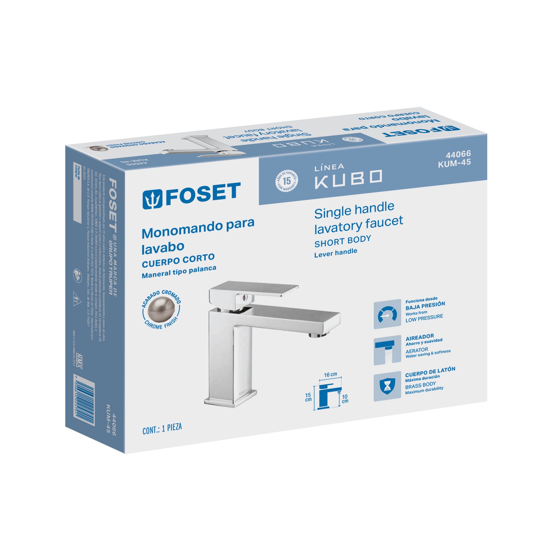 Monomando corto para lavabo, cromo, FOSET KUBO