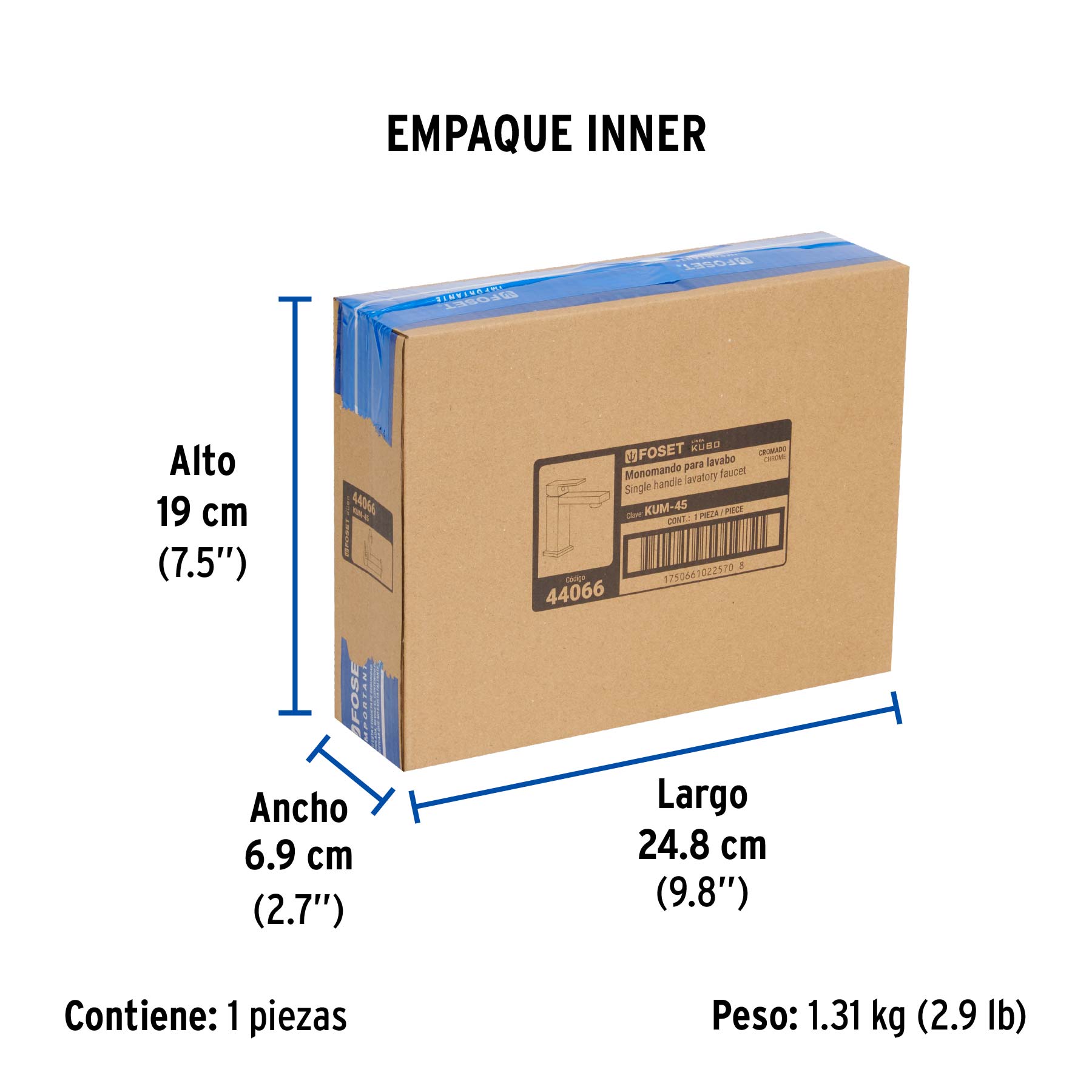 Monomando corto para lavabo, cromo, FOSET KUBO - Empaque