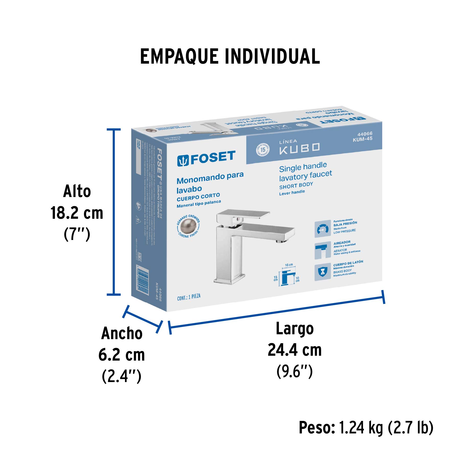 Monomando corto para lavabo, cromo, FOSET KUBO - Empaque