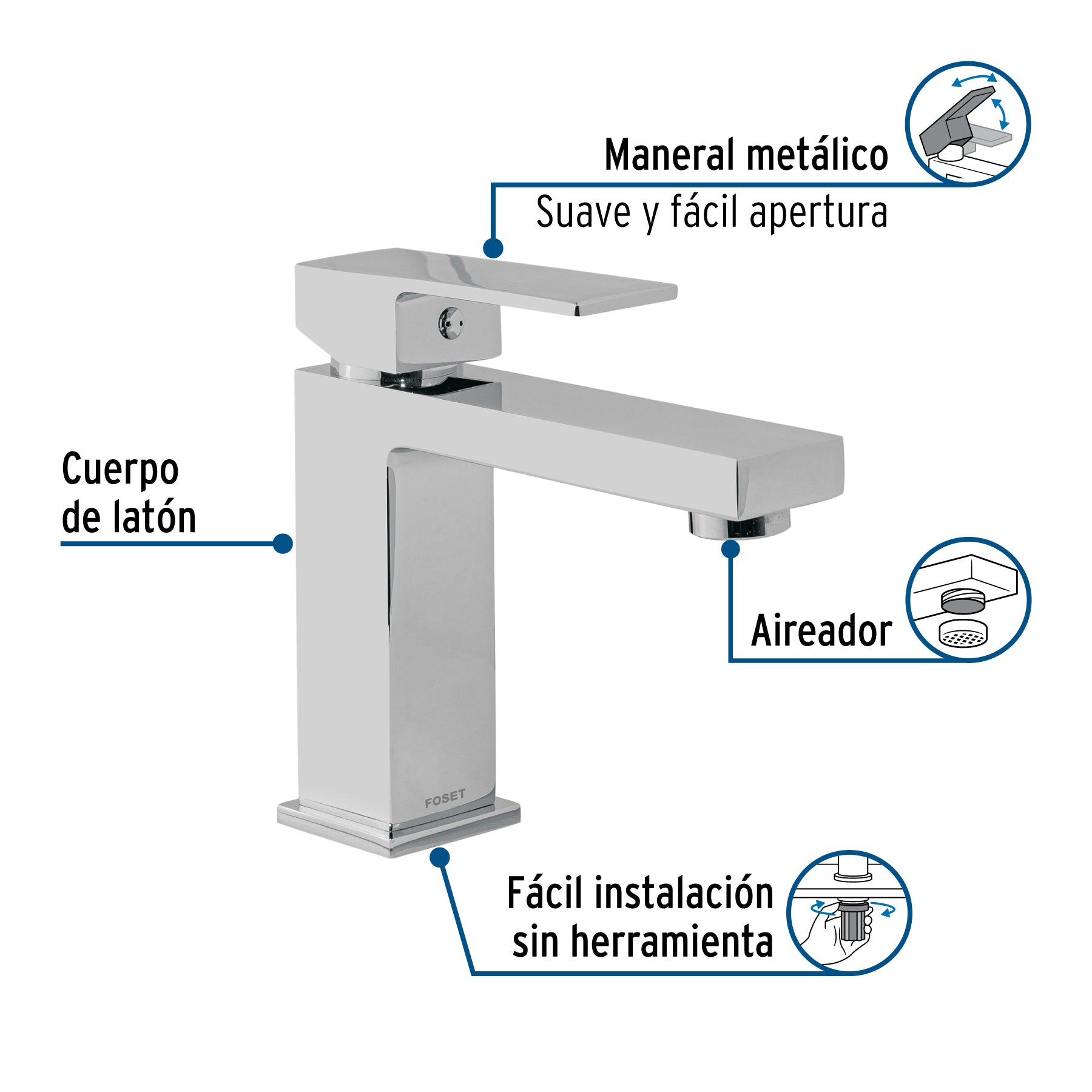 Monomando corto para lavabo, cromo, FOSET KUBO