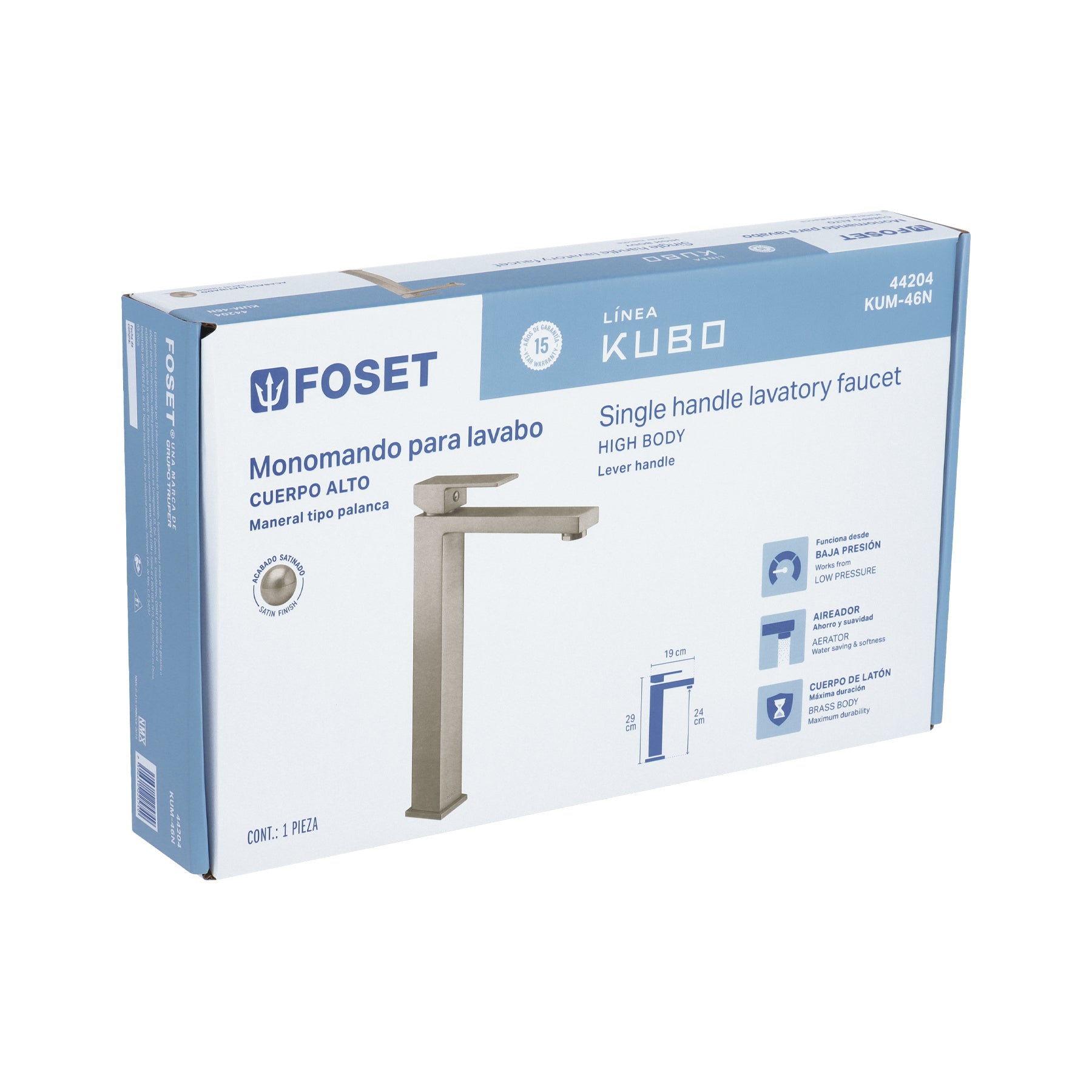 Monomando alto para lavabo, satín, FOSET KUBO