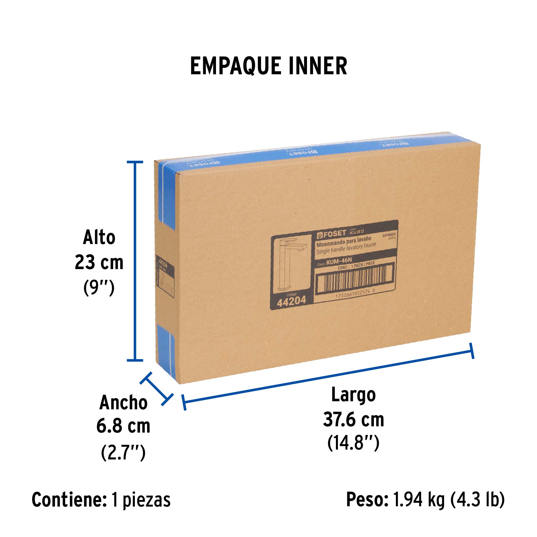 Monomando alto para lavabo, satín, FOSET KUBO - Empaque