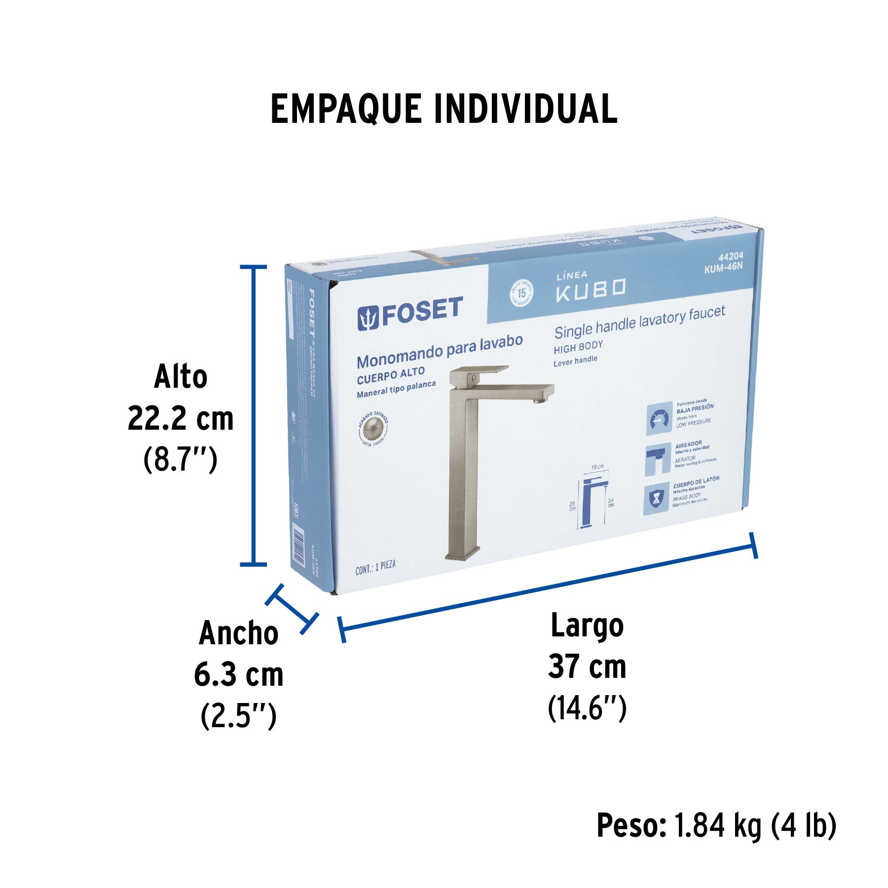 Monomando alto para lavabo, satín, FOSET KUBO - Empaque