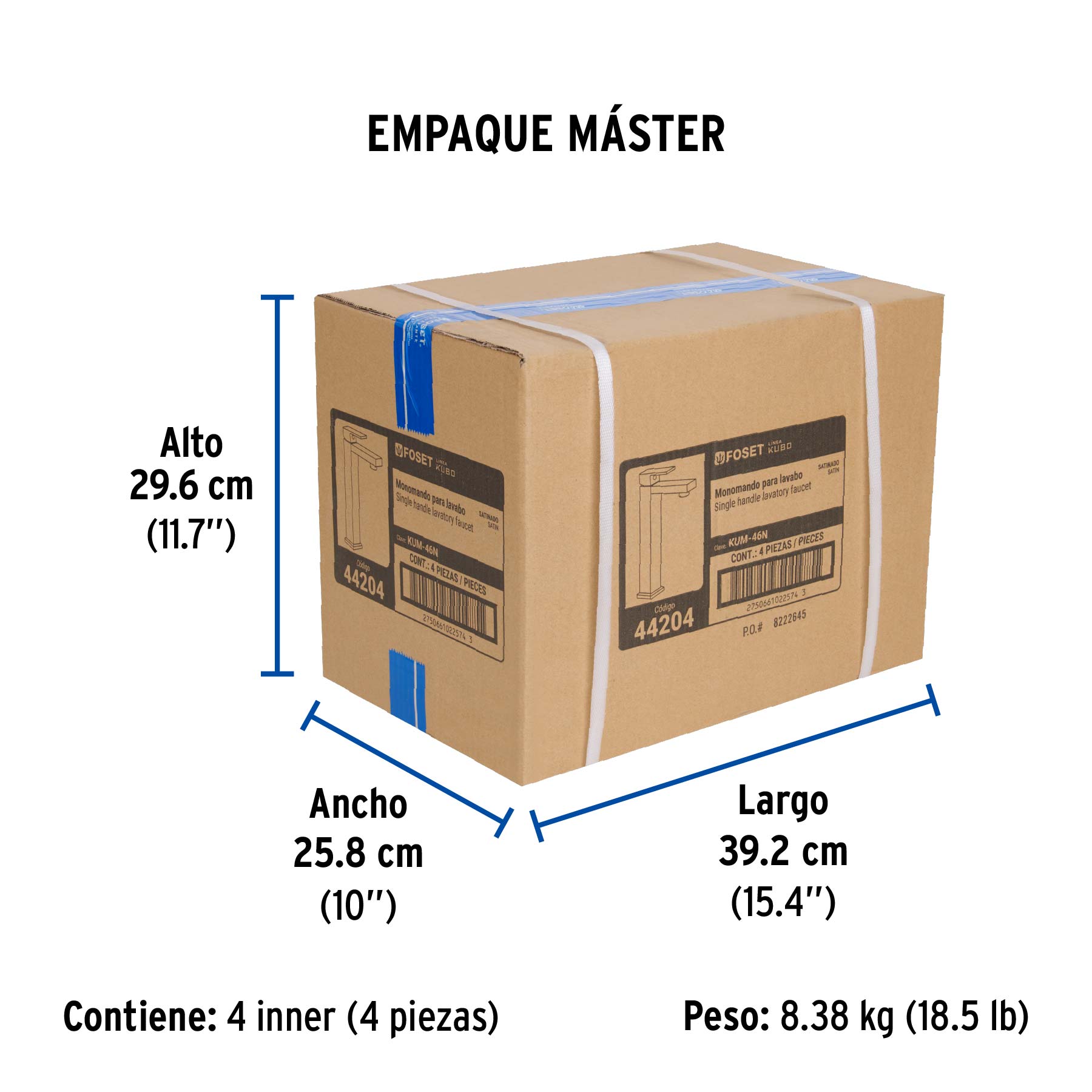Monomando alto para lavabo, satín, FOSET KUBO - Empaque