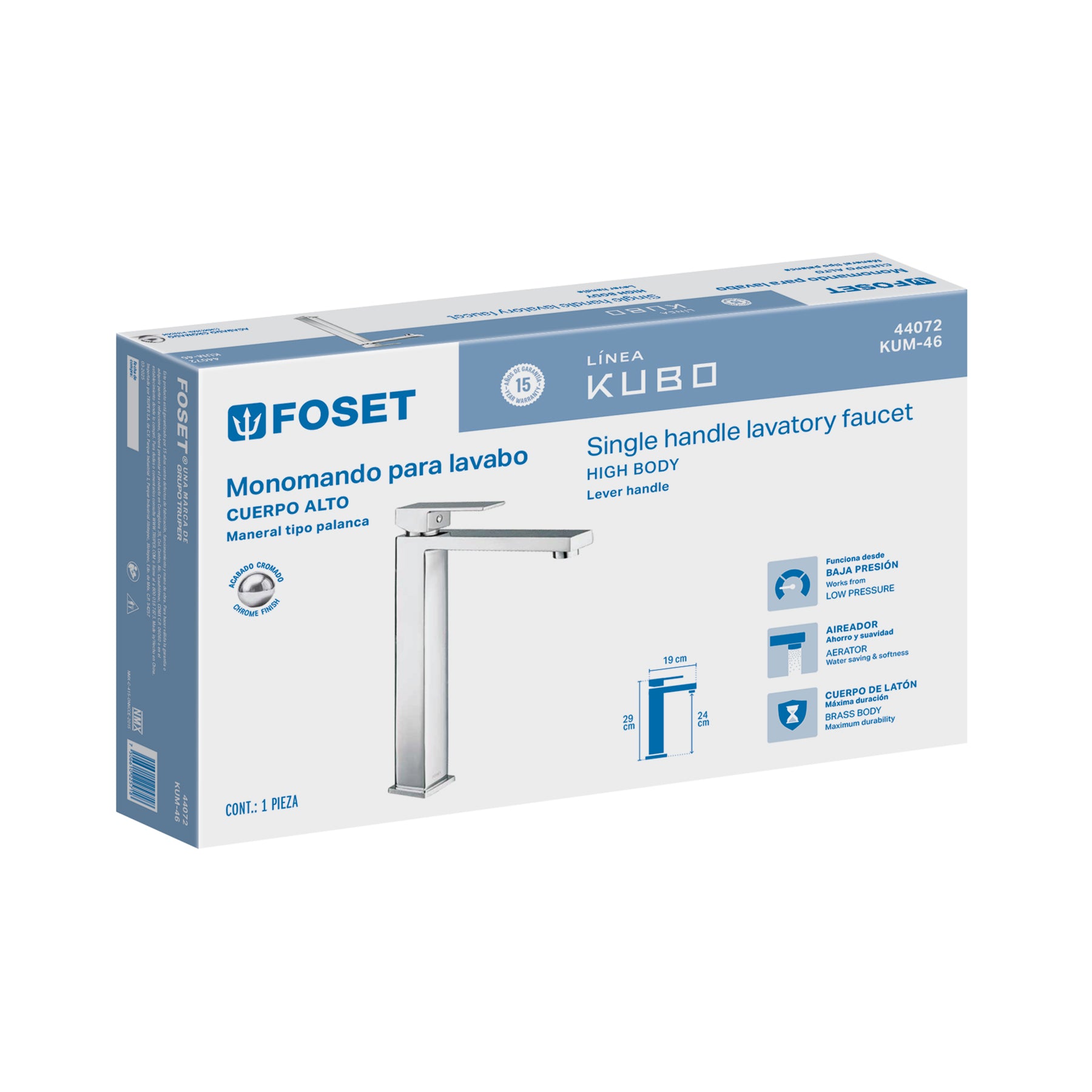 Monomando alto para lavabo, cromo, FOSET KUBO
