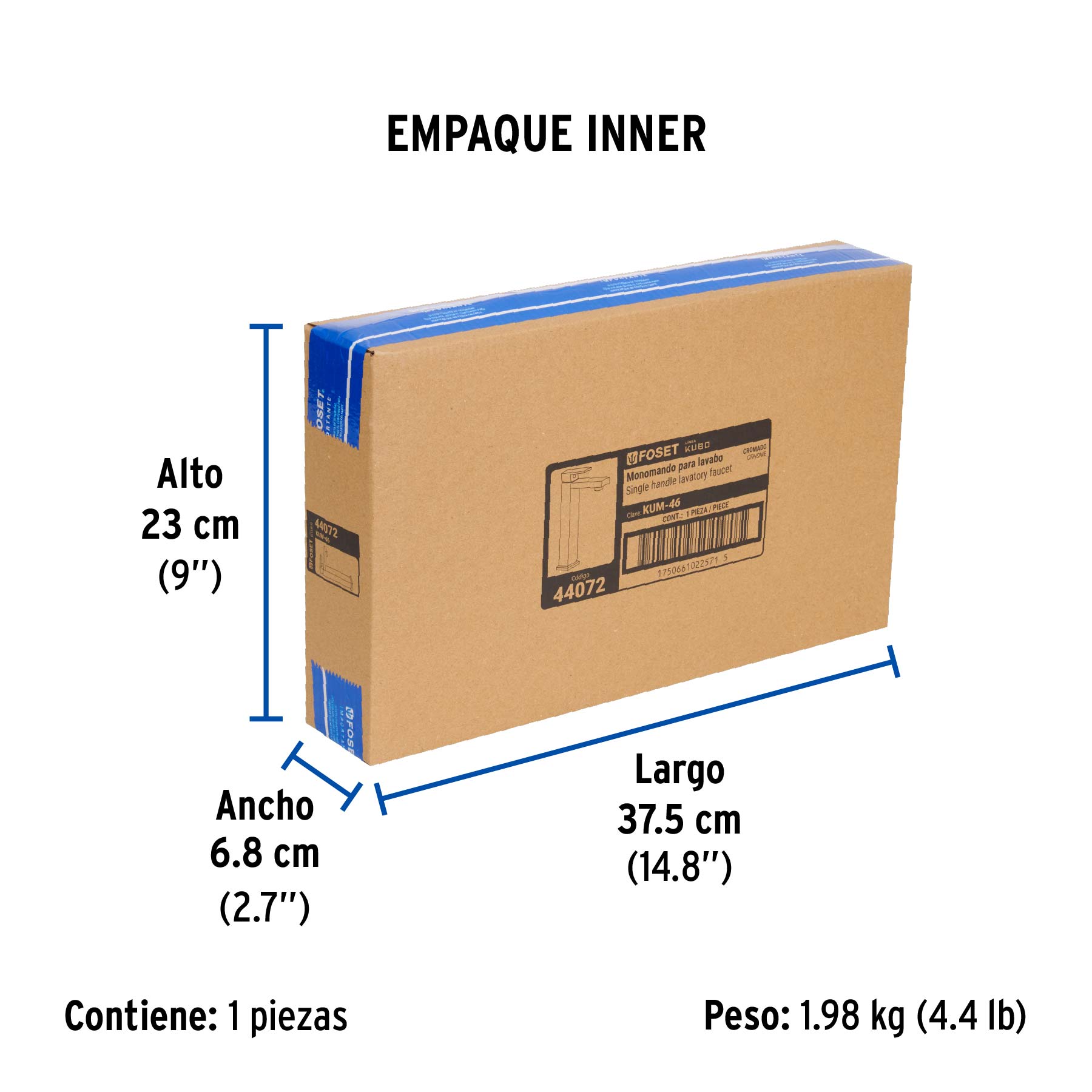 Monomando alto para lavabo, cromo, FOSET KUBO - Empaque
