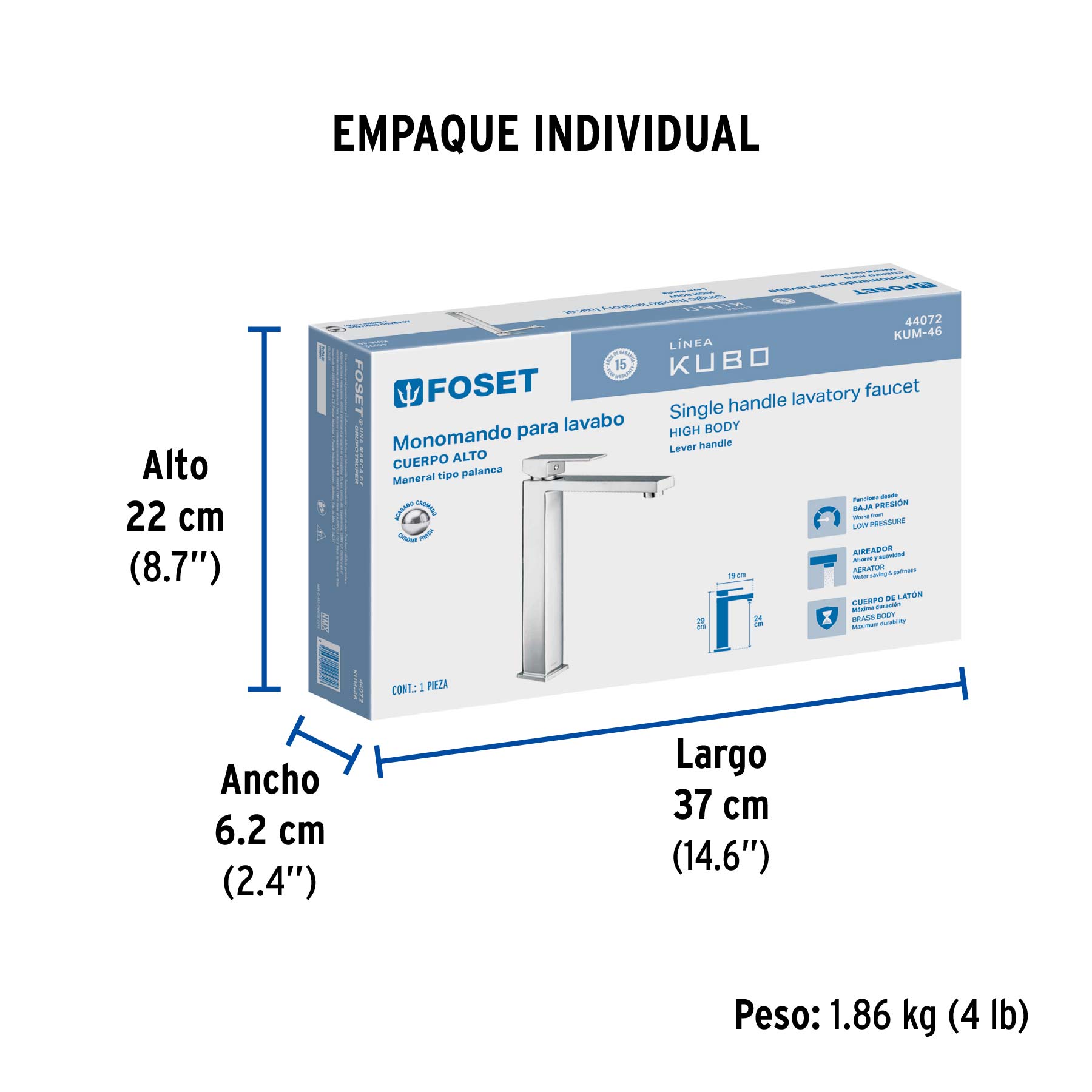 Monomando alto para lavabo, cromo, FOSET KUBO - Empaque