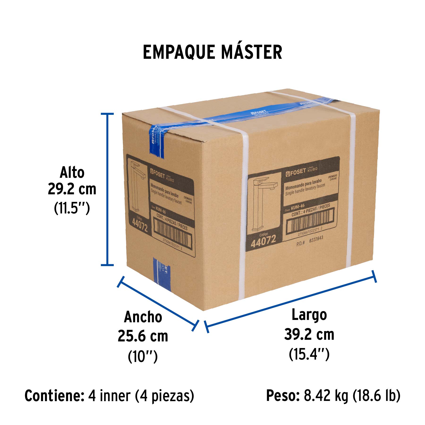 Monomando alto para lavabo, cromo, FOSET KUBO - Empaque