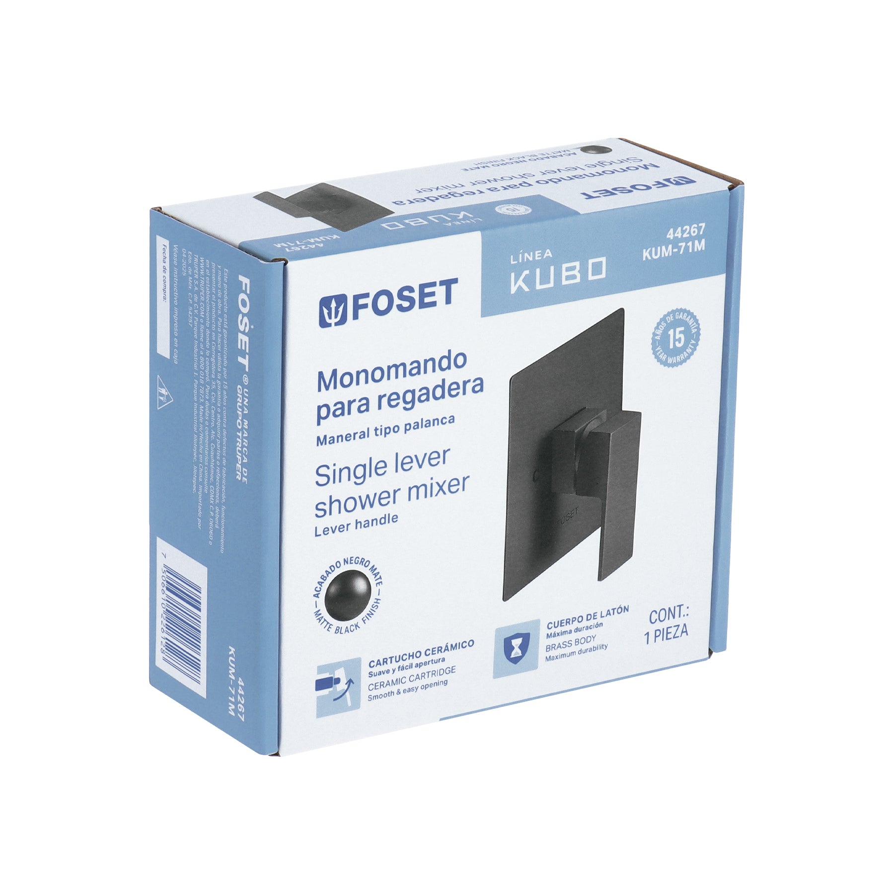 Monomando para regadera sin desviador, negro, FOSET KUBO