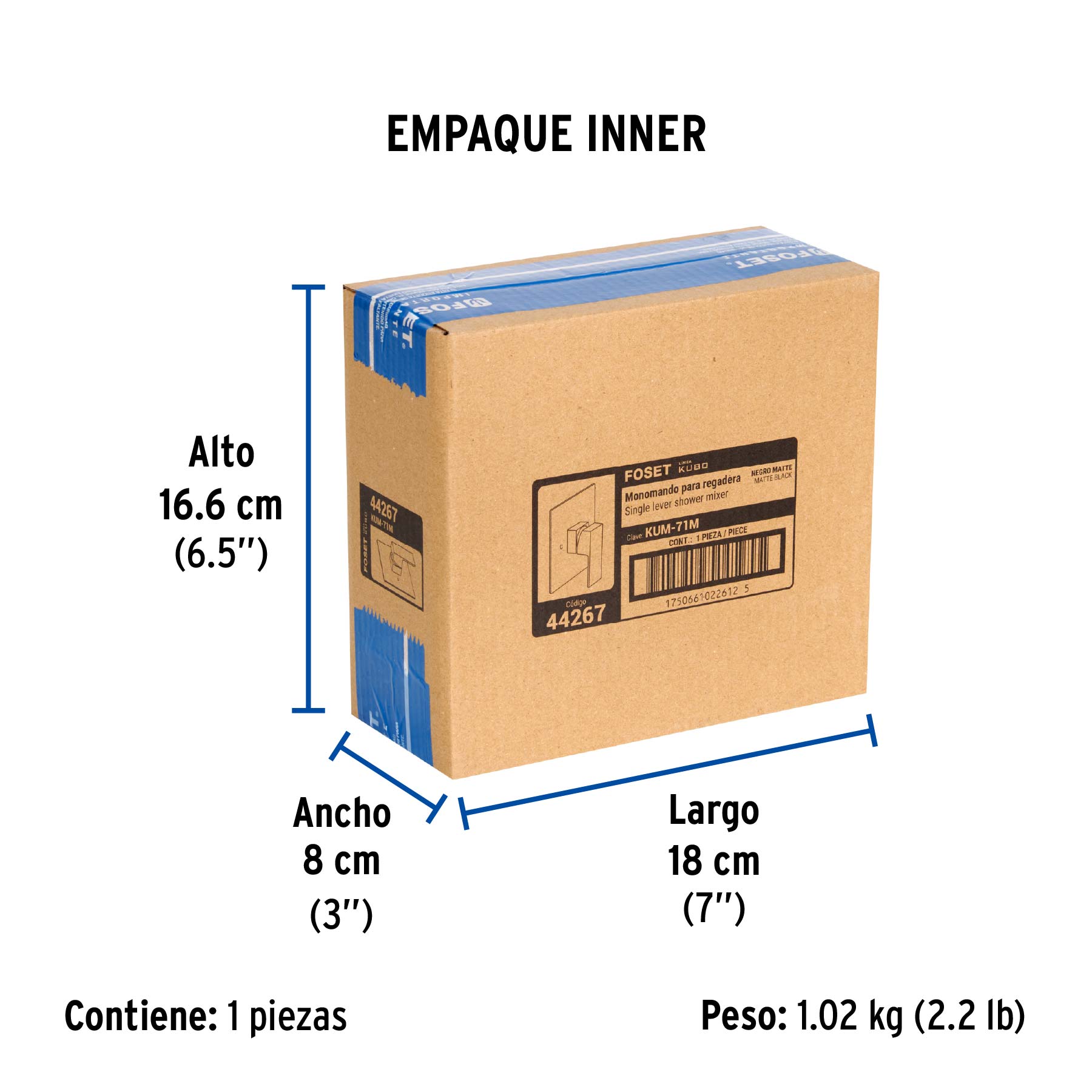Monomando para regadera sin desviador, negro, FOSET KUBO - Empaque